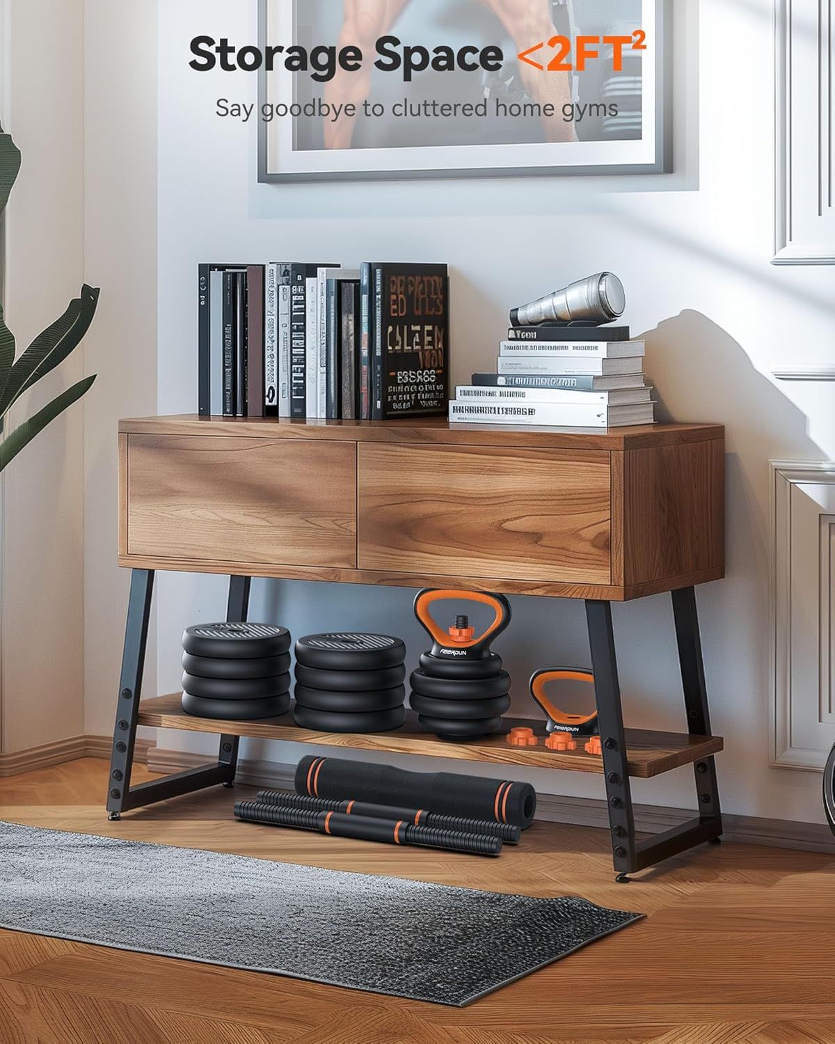 Communicates that the product requires less than 2 square feet of storage space, reassuring shoppers that it won't clutter their home gym and fits easily into…