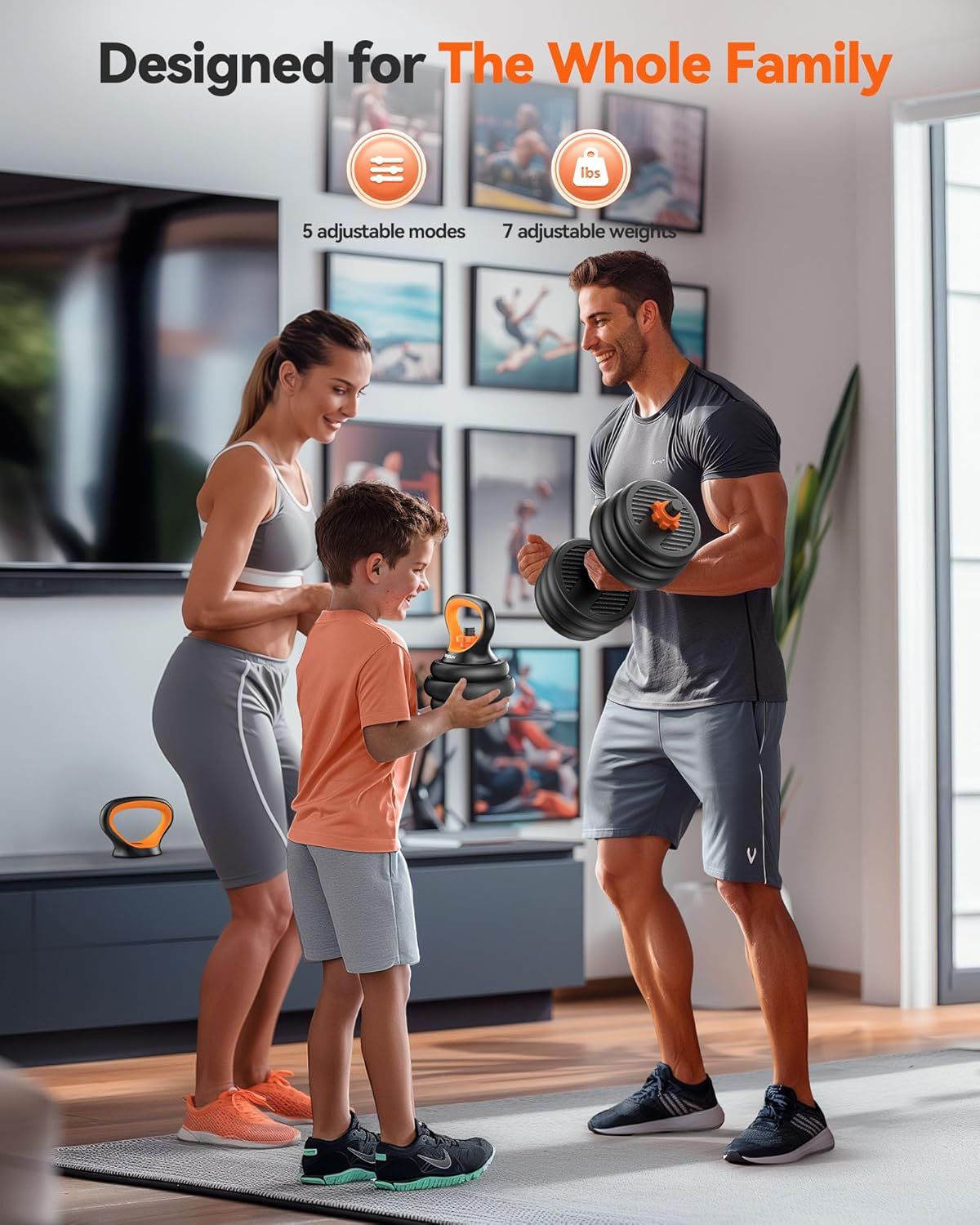 Communicates that the product is versatile and suitable for all family members by highlighting multiple adjustable features (5 modes and 7 weight options) in…