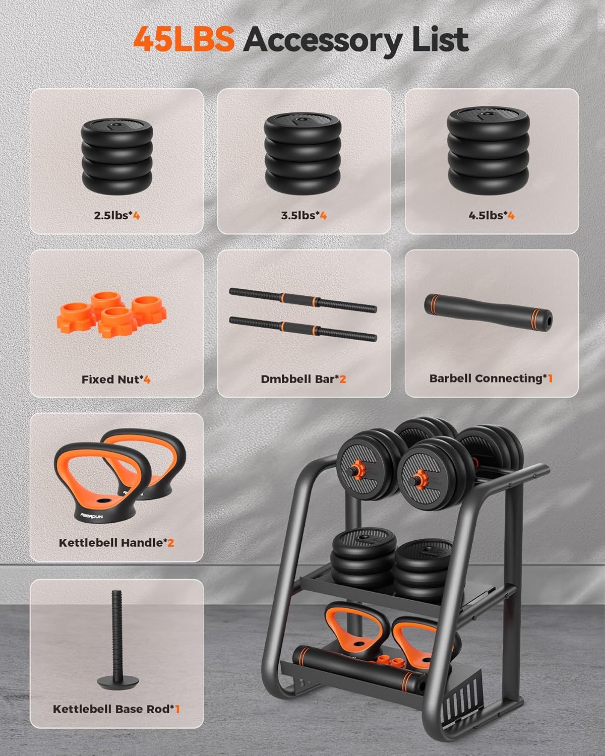 Shows all the accessories and components included with the 45LBS weight set, helping shoppers understand the complete package they will receive and how the…