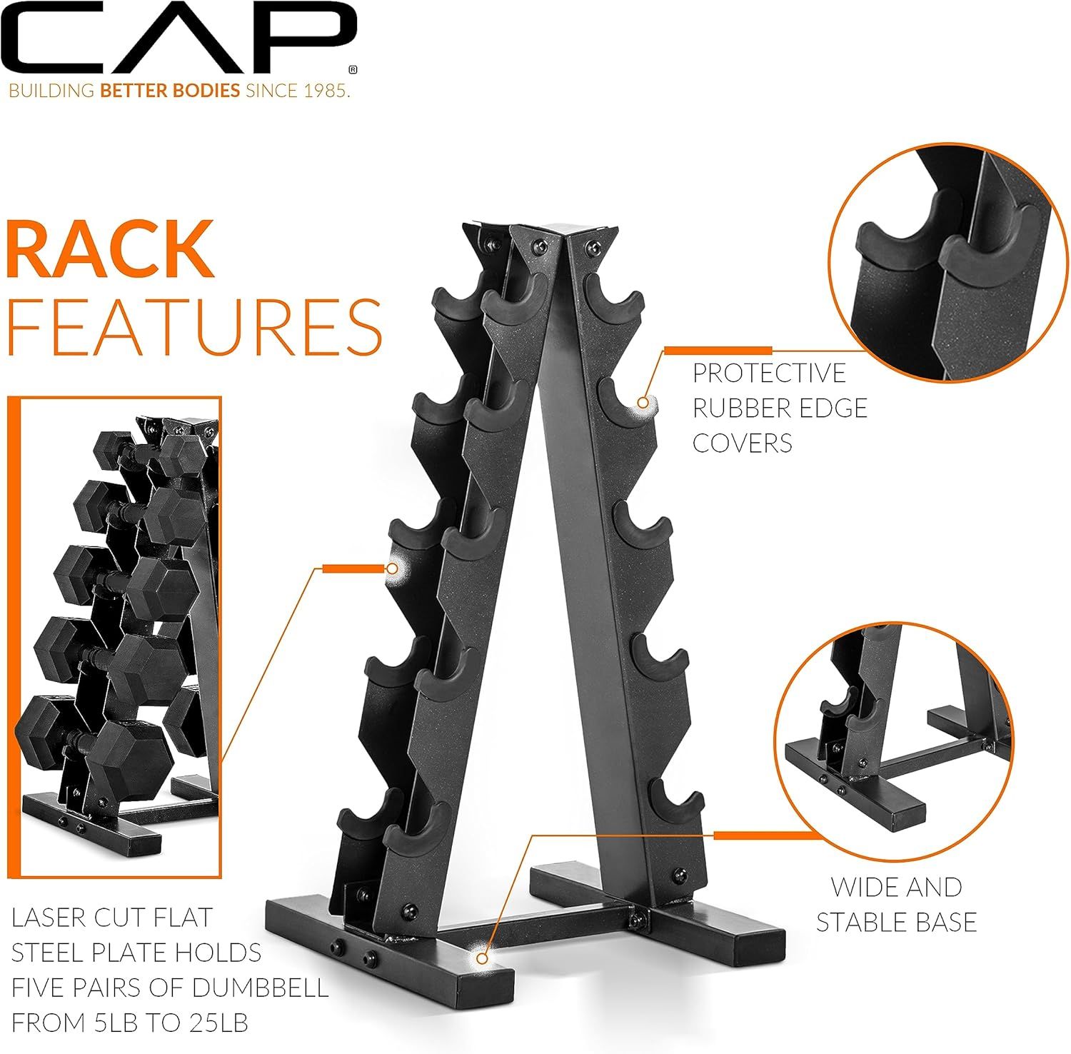 This image breaks down the physical components and construction features of the dumbbell rack to help shoppers understand its quality, durability, and design details.