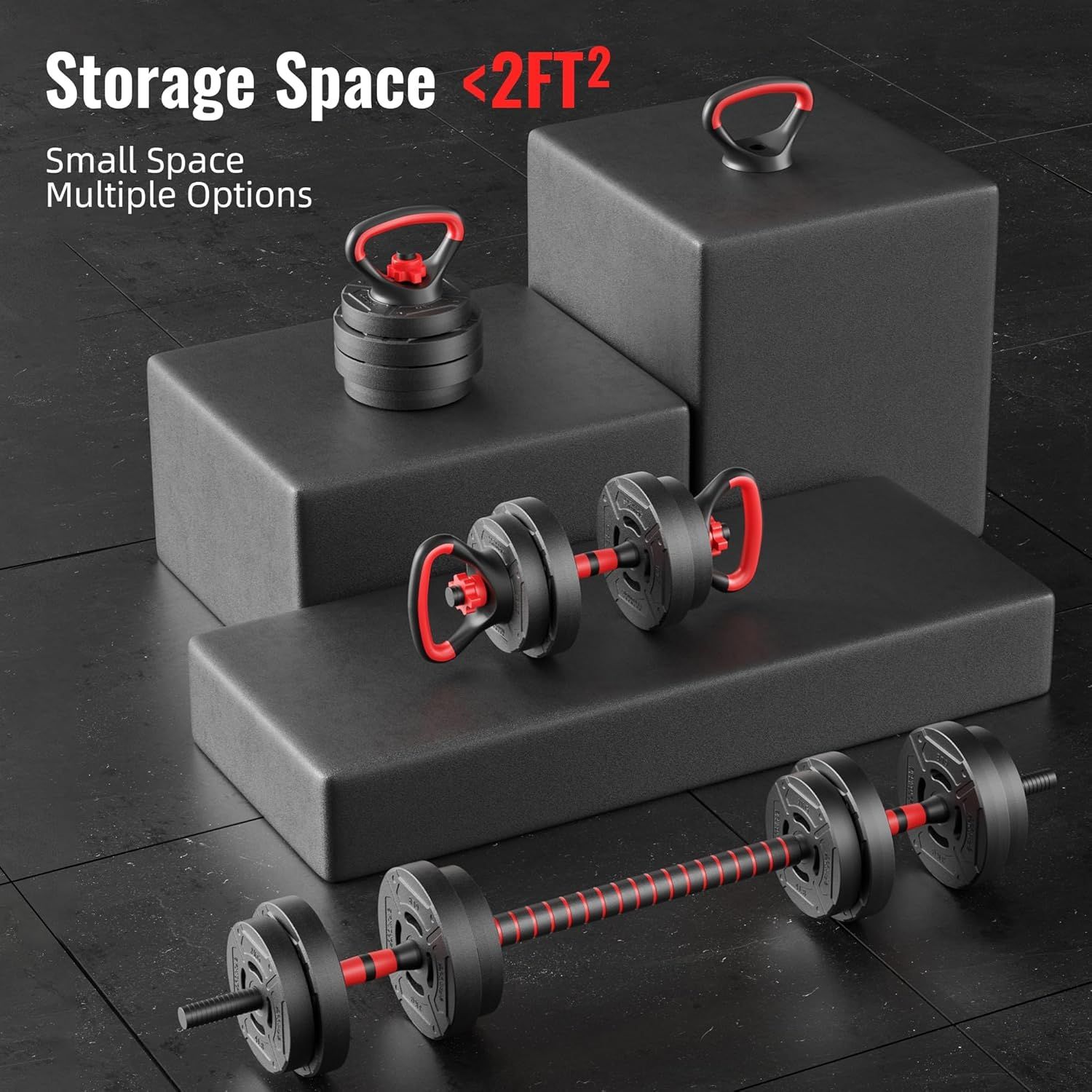 Demonstrates the product's space-efficient design, showing that the entire dumbbell set requires less than 2 square feet of storage space, reassuring shoppers with limited home gym space. Highlights…