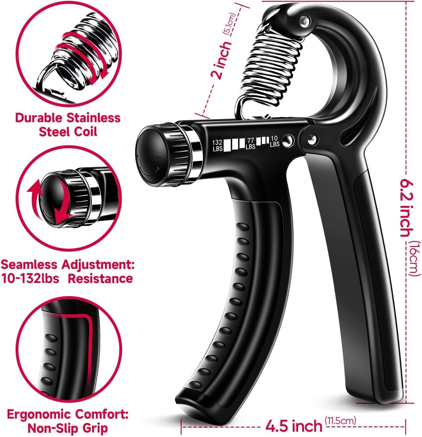This image breaks down the hand gripper's key physical components and specifications, using zoom circles and dimension lines to highlight the steel coil…
