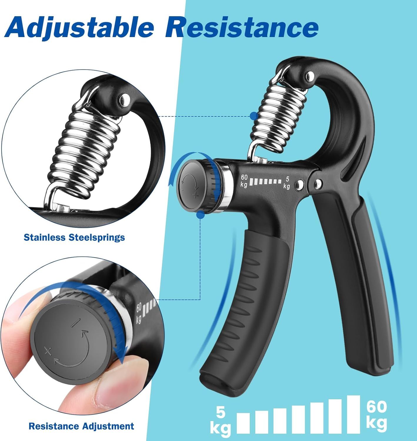 This image breaks down the physical components of the hand gripper, highlighting the stainless steel spring mechanism and the resistance adjustment dial to…