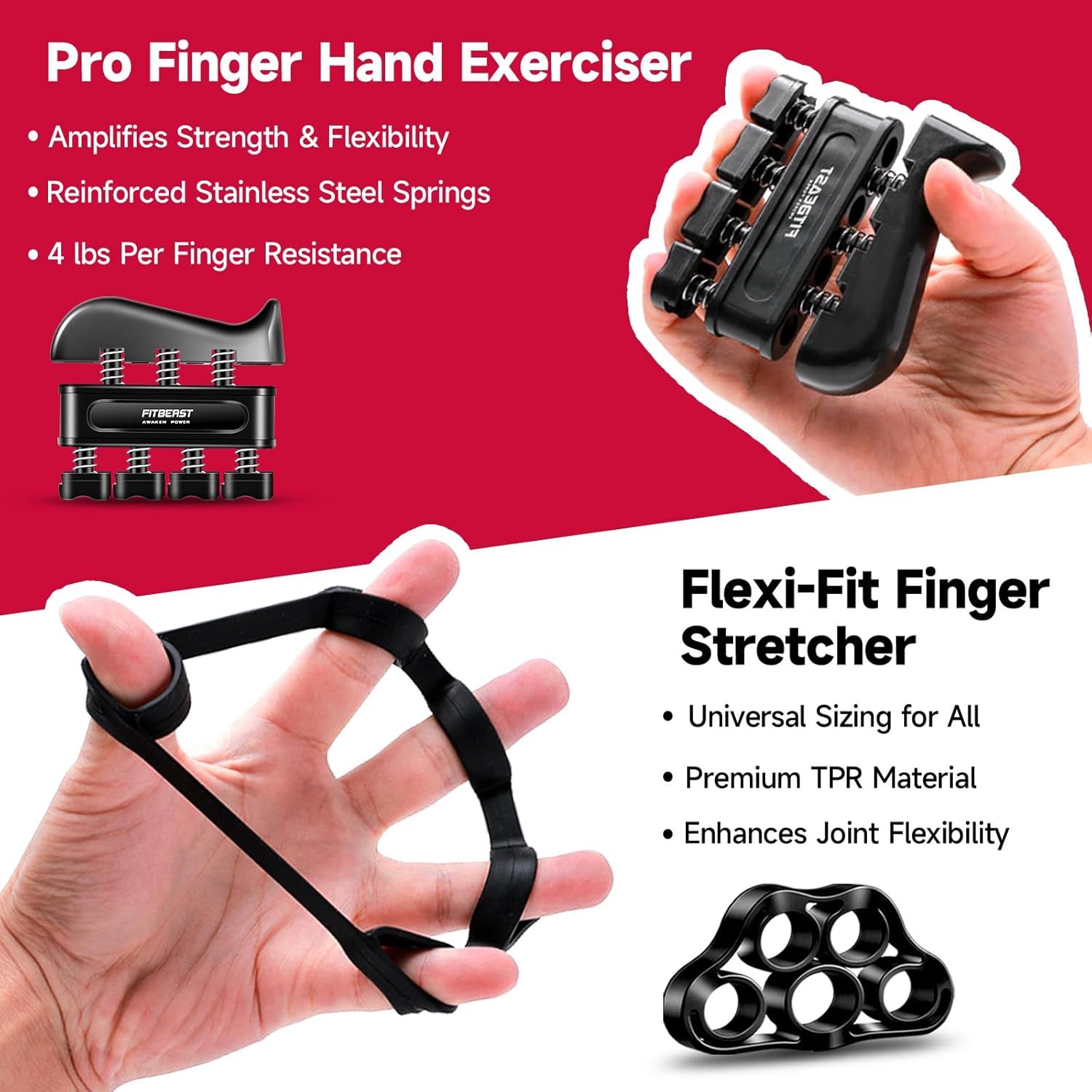 Showcases two distinct hand exercise products with multiple benefits for each, highlighting the Pro Finger Hand Exerciser's strength-building features and the…