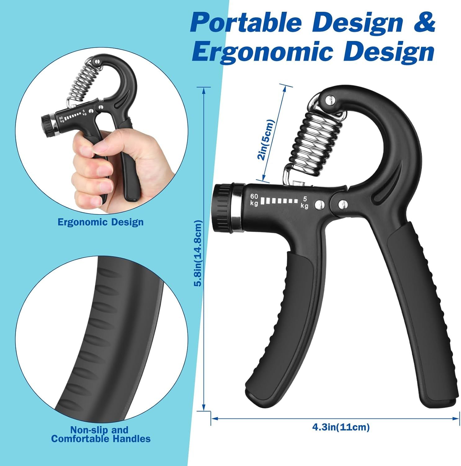 Communicates multiple distinct benefits of the hand gripper through a segmented layout: portability with sizing dimensions, ergonomic grip design, and…