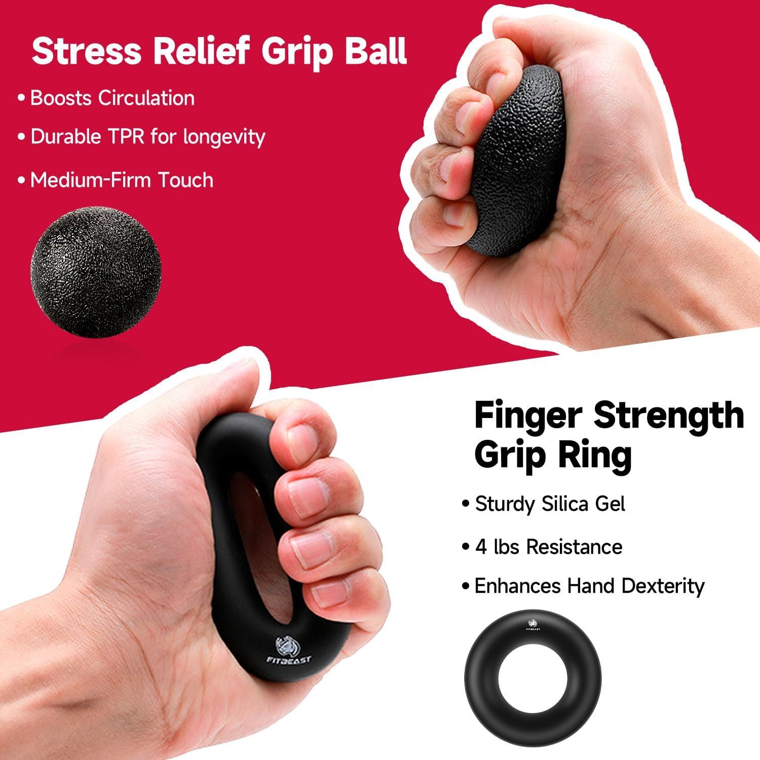 Showcases multiple distinct benefits of two related products (grip ball and grip ring) in a segmented layout, highlighting stress relief, circulation,…