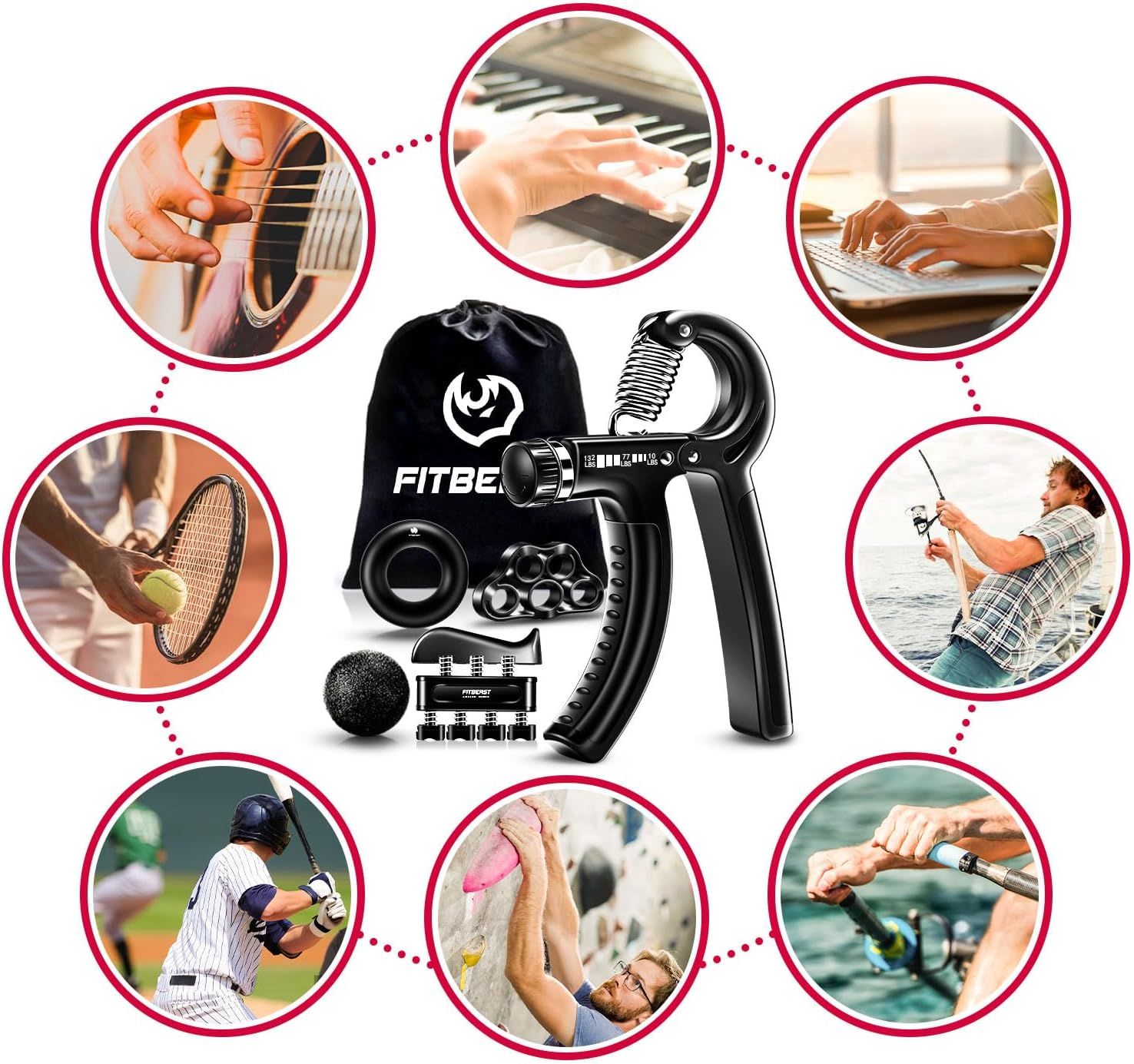 Demonstrates the product's versatility by showing it can be used for multiple activities including guitar playing, piano, typing, tennis, fishing, baseball, rock climbing, and rowing.