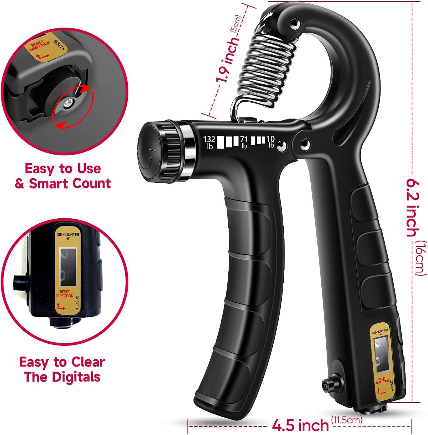 Communicates multiple distinct benefits of the hand gripper including ease of use, smart counting functionality, digital reset capability, and physical…