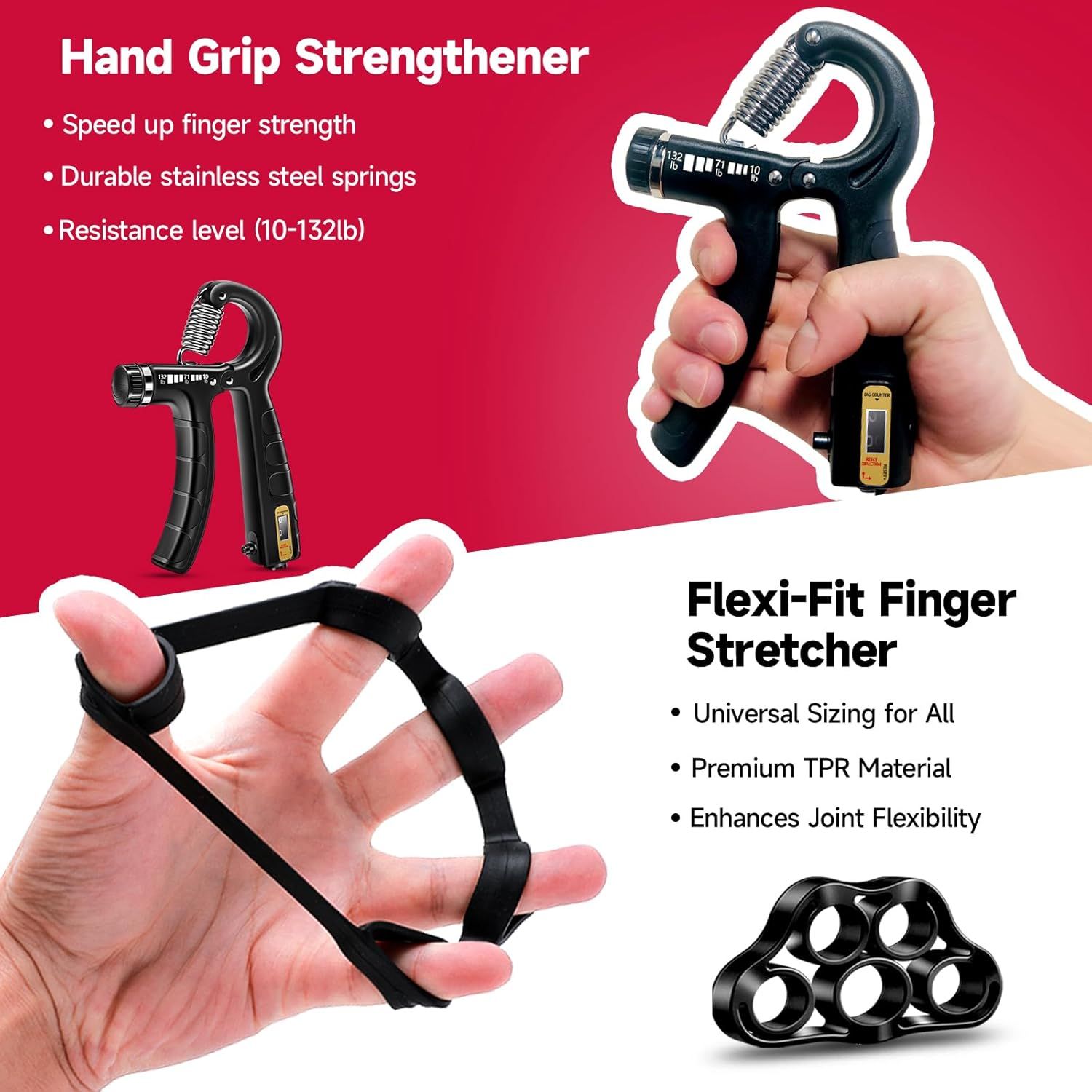 Showcases multiple distinct benefits of two complementary hand exercise products in a visually segmented layout to demonstrate the comprehensive hand…