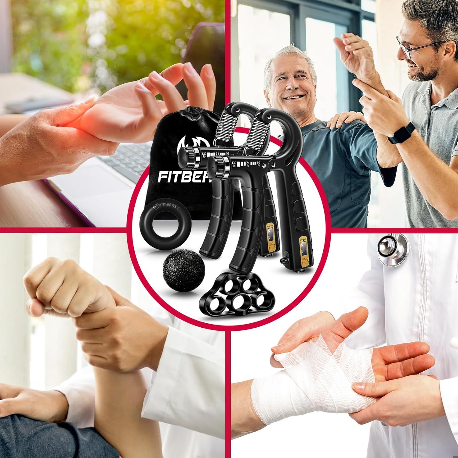 Demonstrates the versatility of the hand grip strengthener kit by showing multiple real-world applications including office work, physical therapy, rehabilitation, and medical recovery scenarios.
