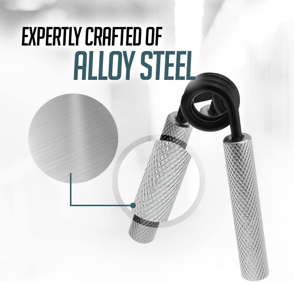 Highlights the premium alloy steel construction of the hand gripper handles, emphasizing quality and durability through a zoomed-in material detail callout.…