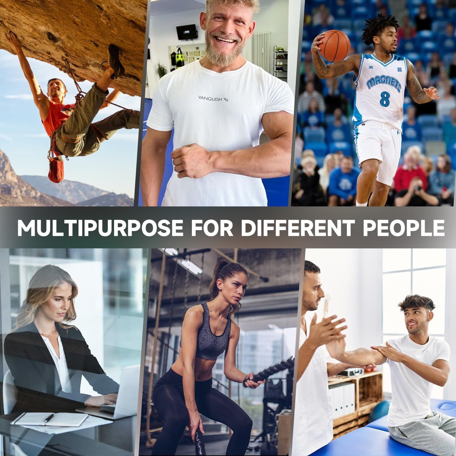 Demonstrates the product's versatility by showing it being used across multiple different scenarios and activities—rock climbing, fitness, basketball, office work, gym training, and casual…