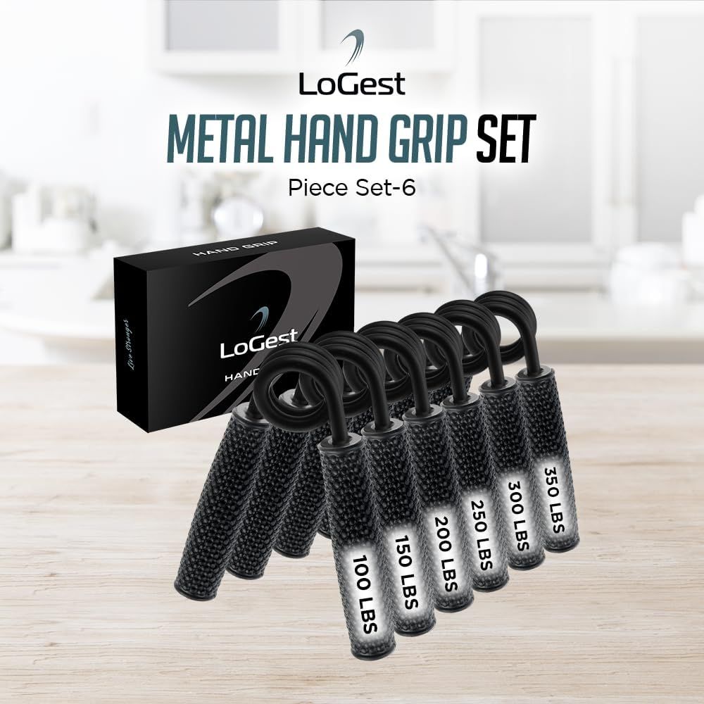 Shows the complete set of hand grips included in the package, with visible resistance levels (100-350 LBS) to help shoppers understand what they receive and…