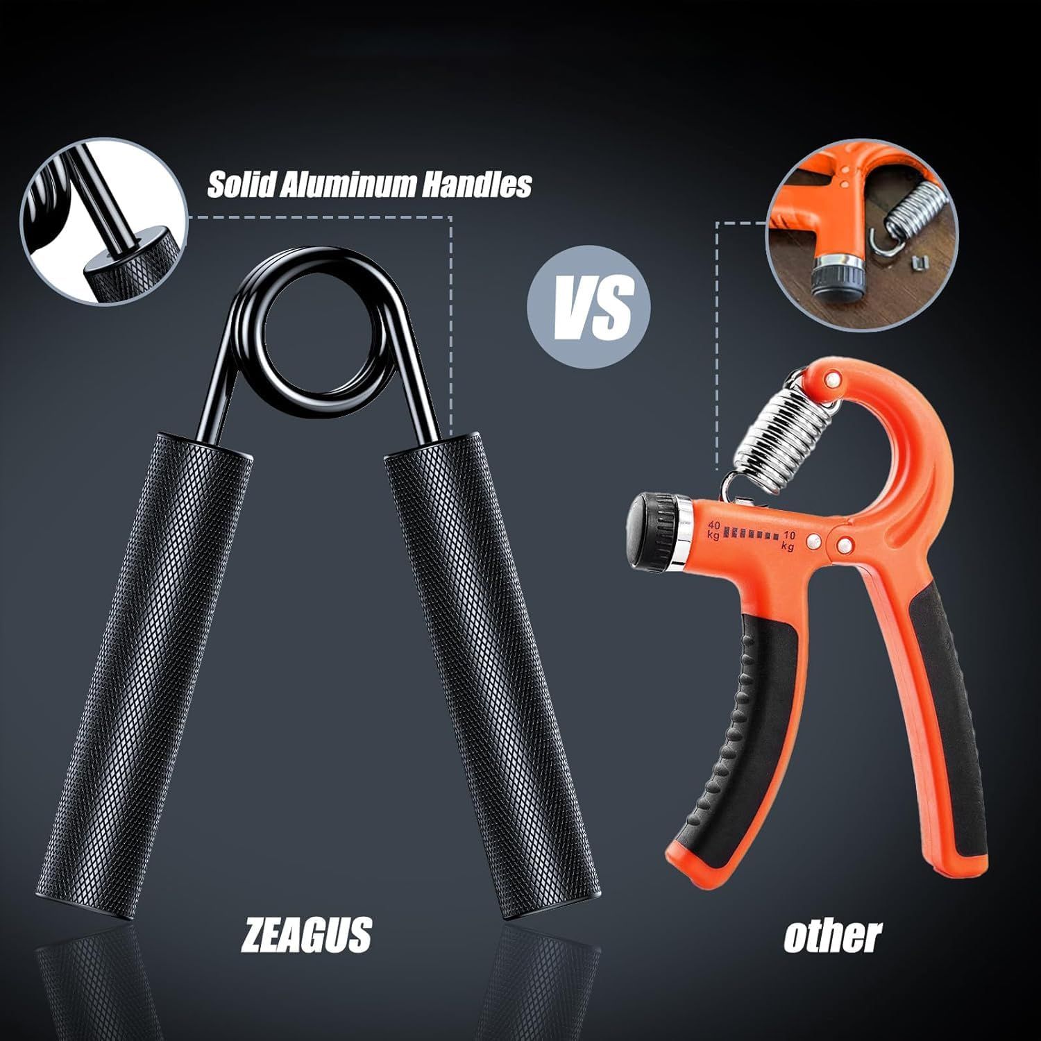 Demonstrates the superiority of the ZEAGUS hand gripper's solid aluminum handles compared to a competitor's plastic construction, emphasizing durability and…