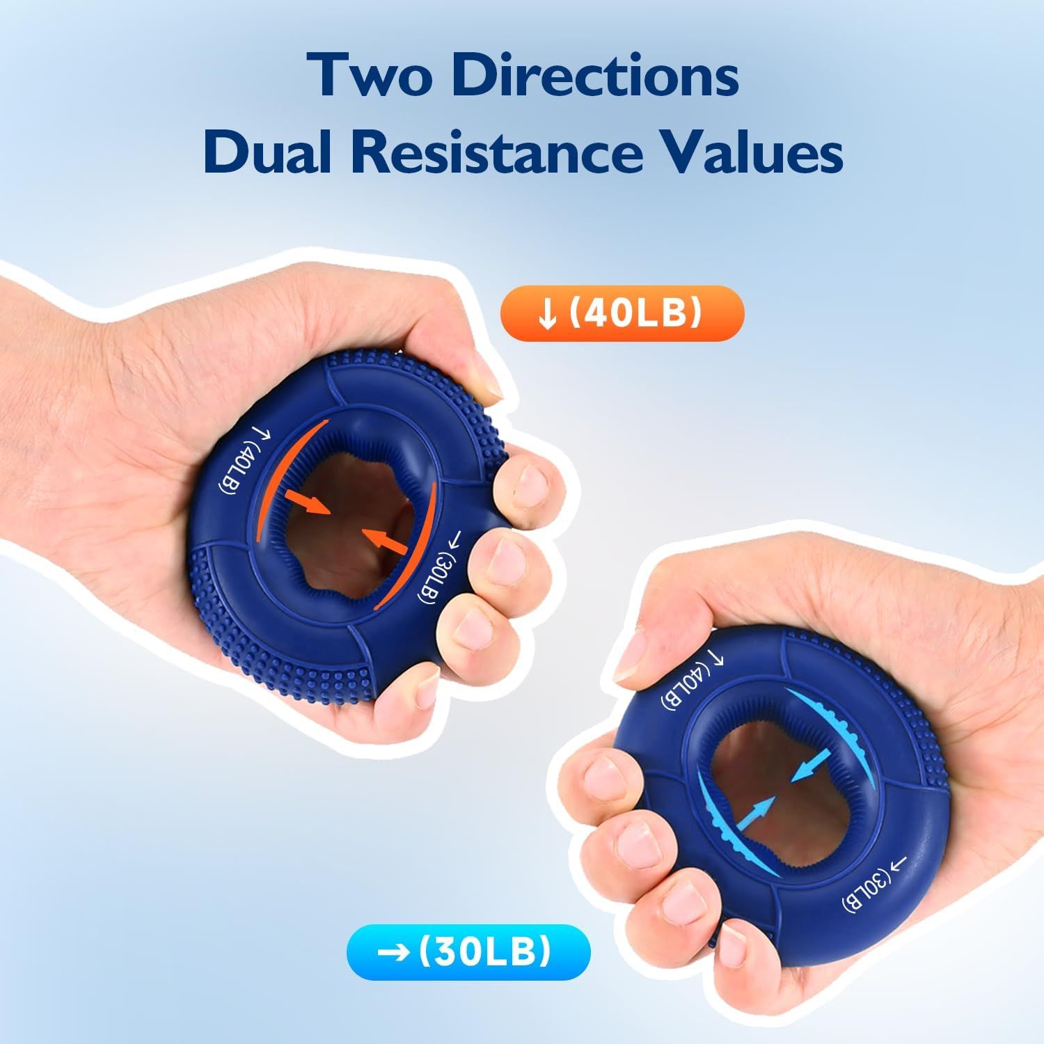 Communicates that the hand grip strengthener offers two directional resistance settings (40LB and 30LB) to provide versatile training options for different…