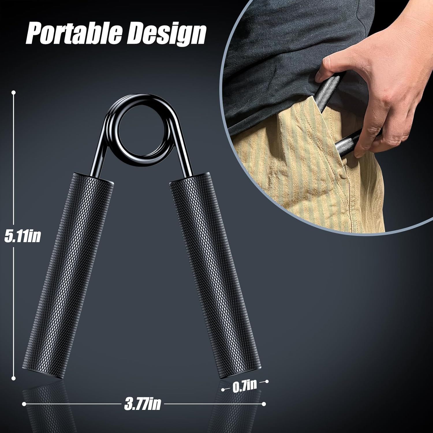 Communicates the exact physical dimensions of the hand gripper (5.11in x 3.7in x 0.7in) to help shoppers understand its compact, portable size for easy…