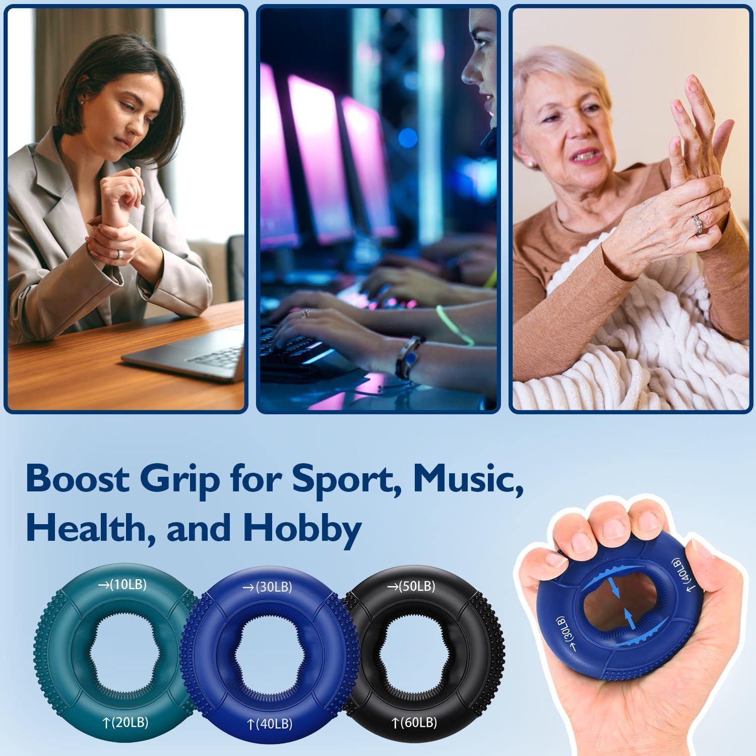 Demonstrates the versatility of the grip strengthener by showing it can be used across multiple scenarios—office work, gaming, arthritis relief, and various activities—to appeal to a broad audience.…