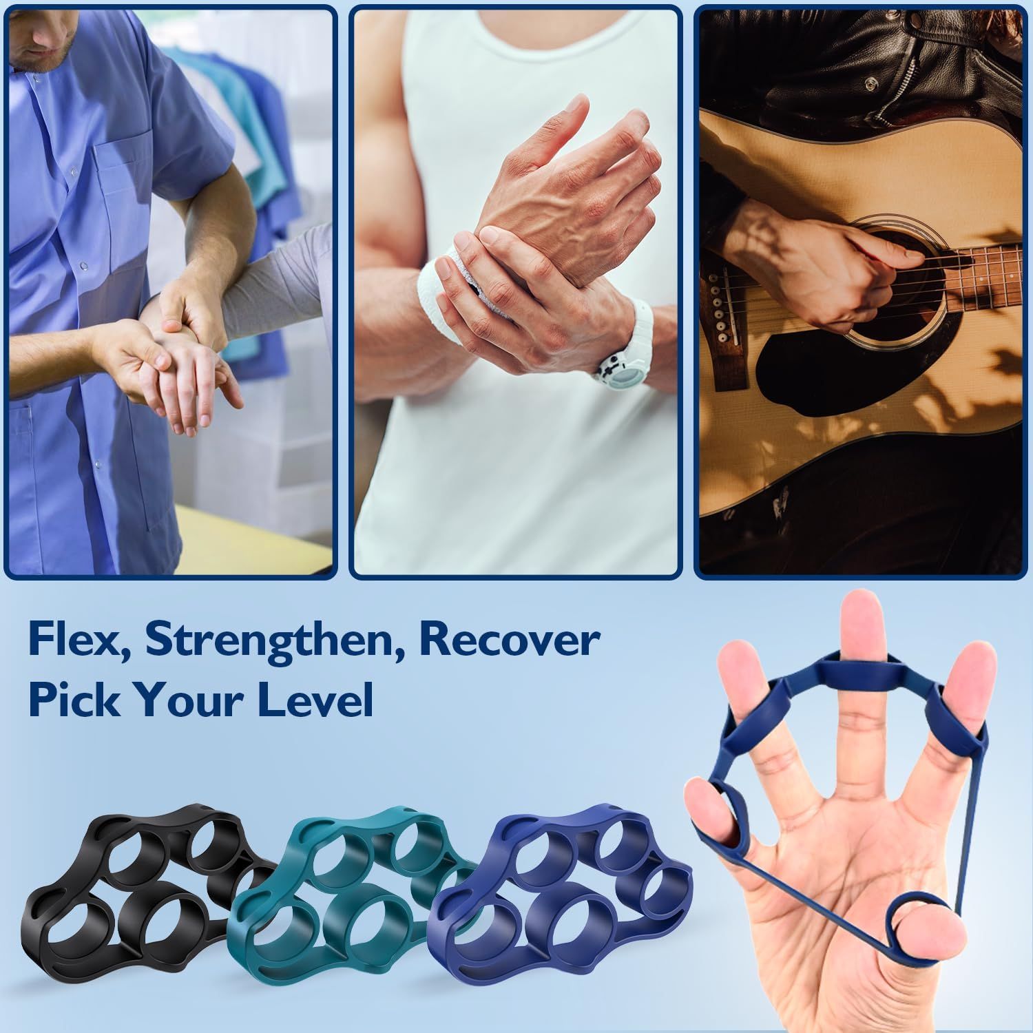 Demonstrates the product's versatility across multiple real-world scenarios including medical/physical therapy, sports/fitness recovery, and musical performance, showing shoppers the wide range of…