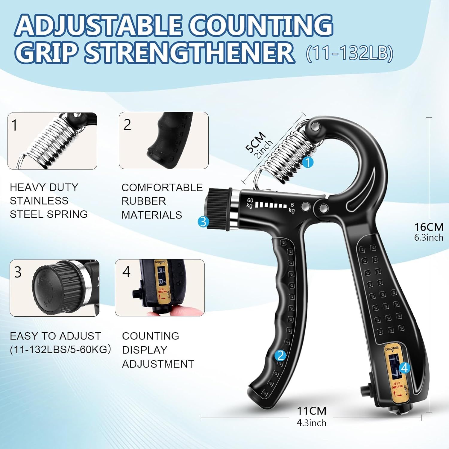 This image breaks down the grip strengthener's key physical components and features using numbered callouts, helping shoppers understand the product's…