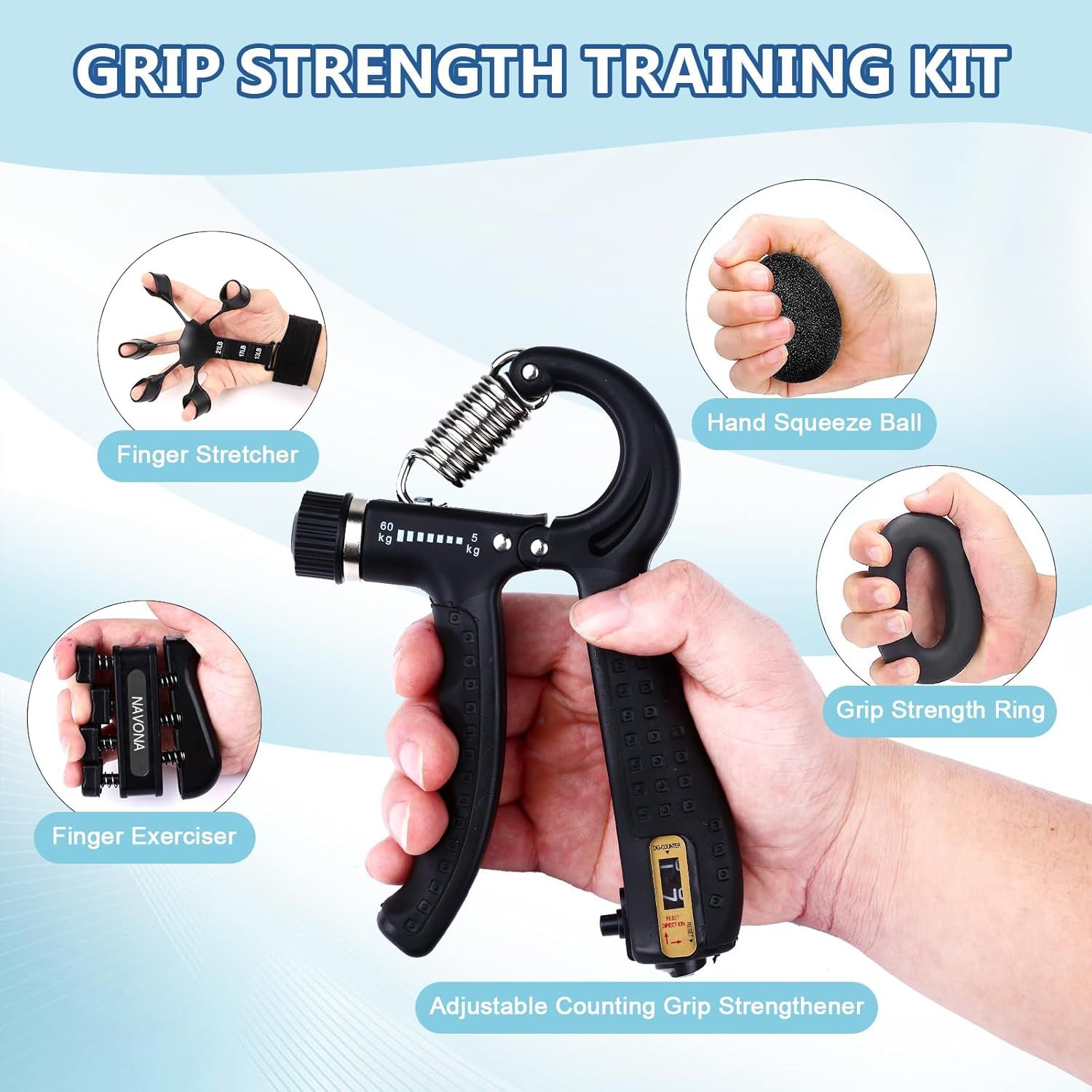 Shows all the items included in the grip strength training kit to help shoppers understand the complete bundle they will receive and the variety of training…