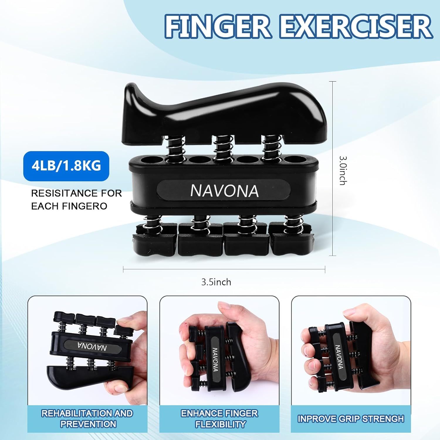 Communicates multiple distinct benefits of the finger exerciser through a segmented layout showing different use cases and advantages. Shows the exact…