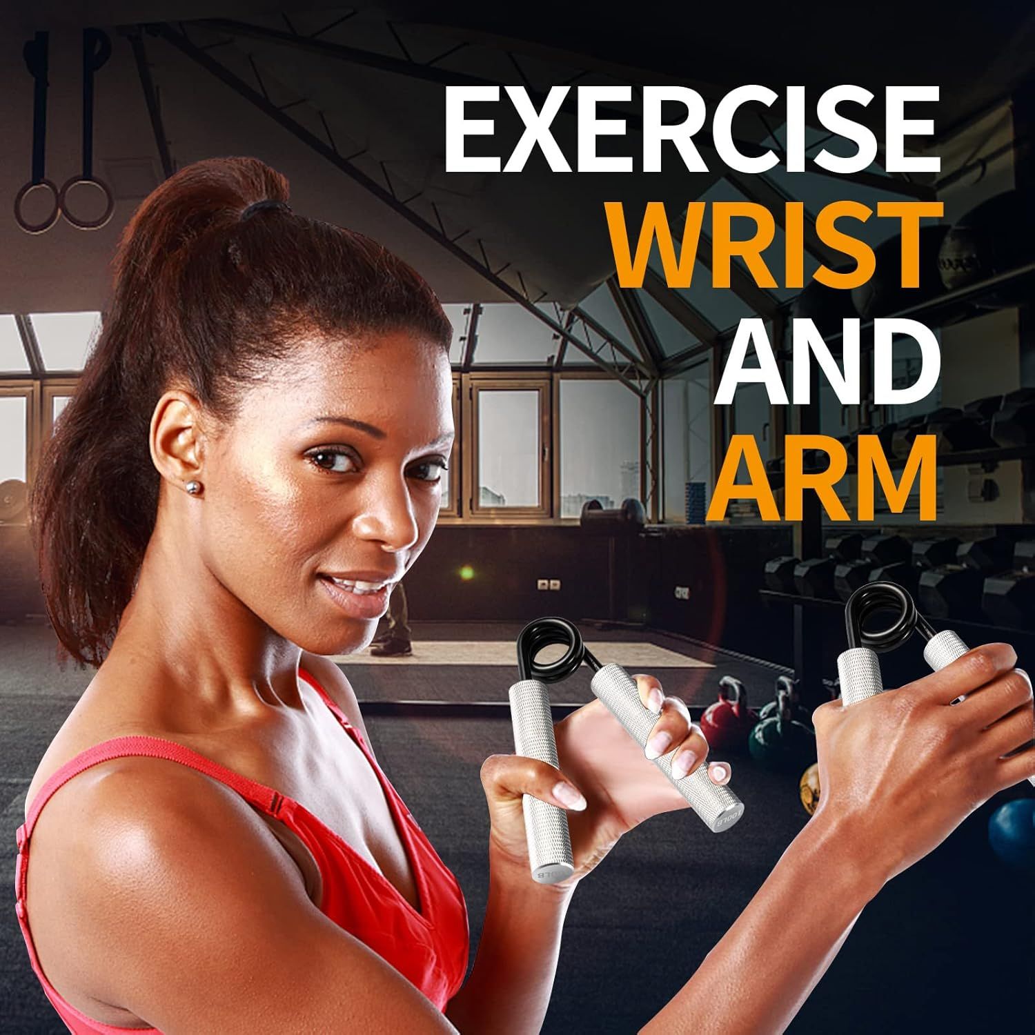 Demonstrates the product's use for exercising wrist and arm muscles, showing the hand grippers in action within a gym environment to communicate fitness application. Highlights the specific benefit…