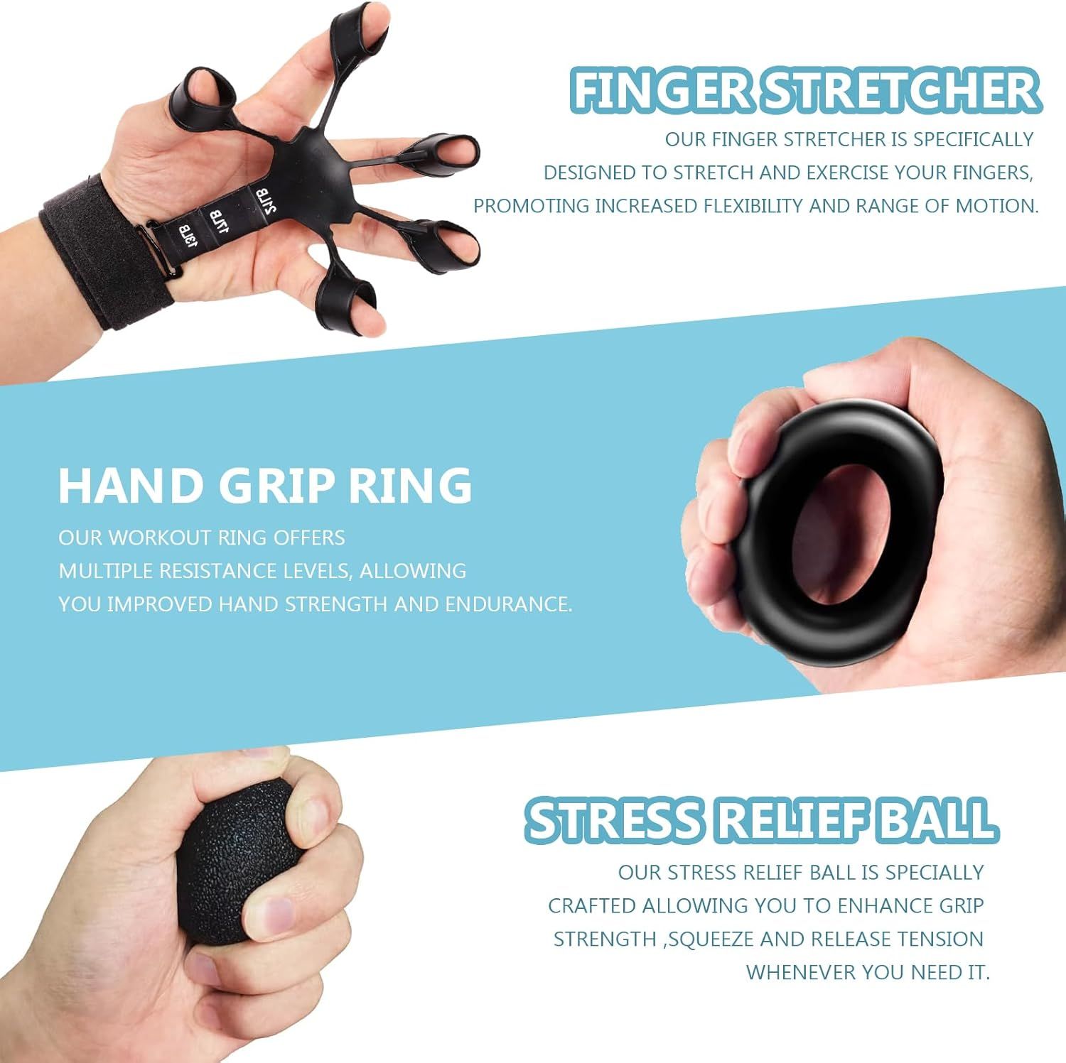 Showcases three distinct hand exercise products in a segmented layout, each highlighting different benefits: finger flexibility and range of motion, hand…