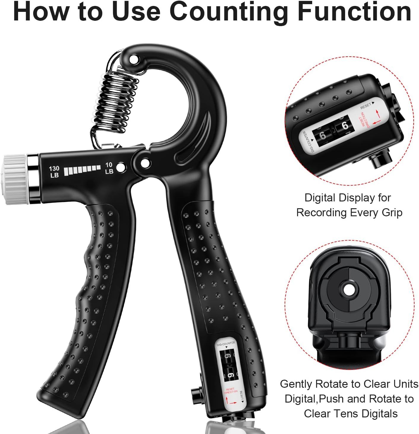 Explains how to use the digital counting feature on the hand gripper, showing the display for recording grips and the reset mechanism to clear the counter.