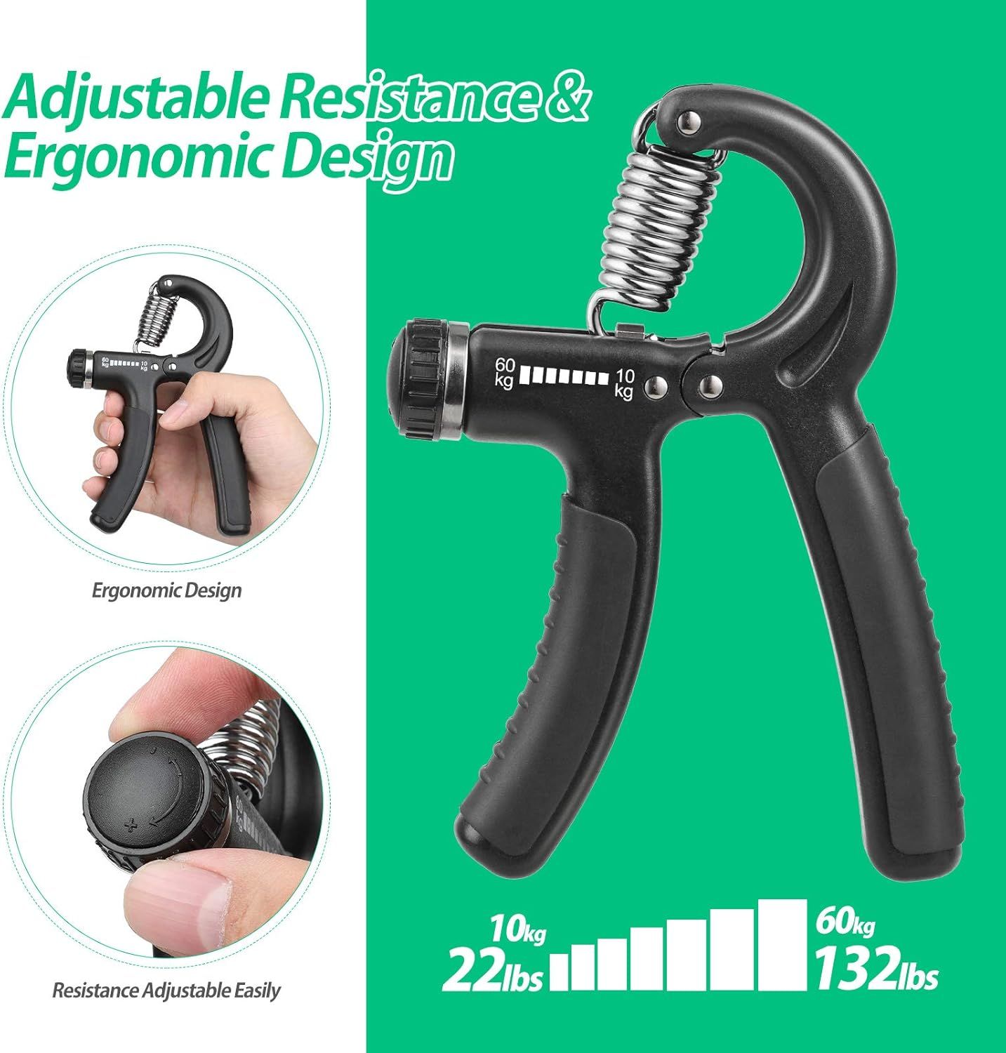 Communicates multiple key benefits of the hand gripper: adjustable resistance levels (10-60kg) and ergonomic comfortable design, helping shoppers understand…