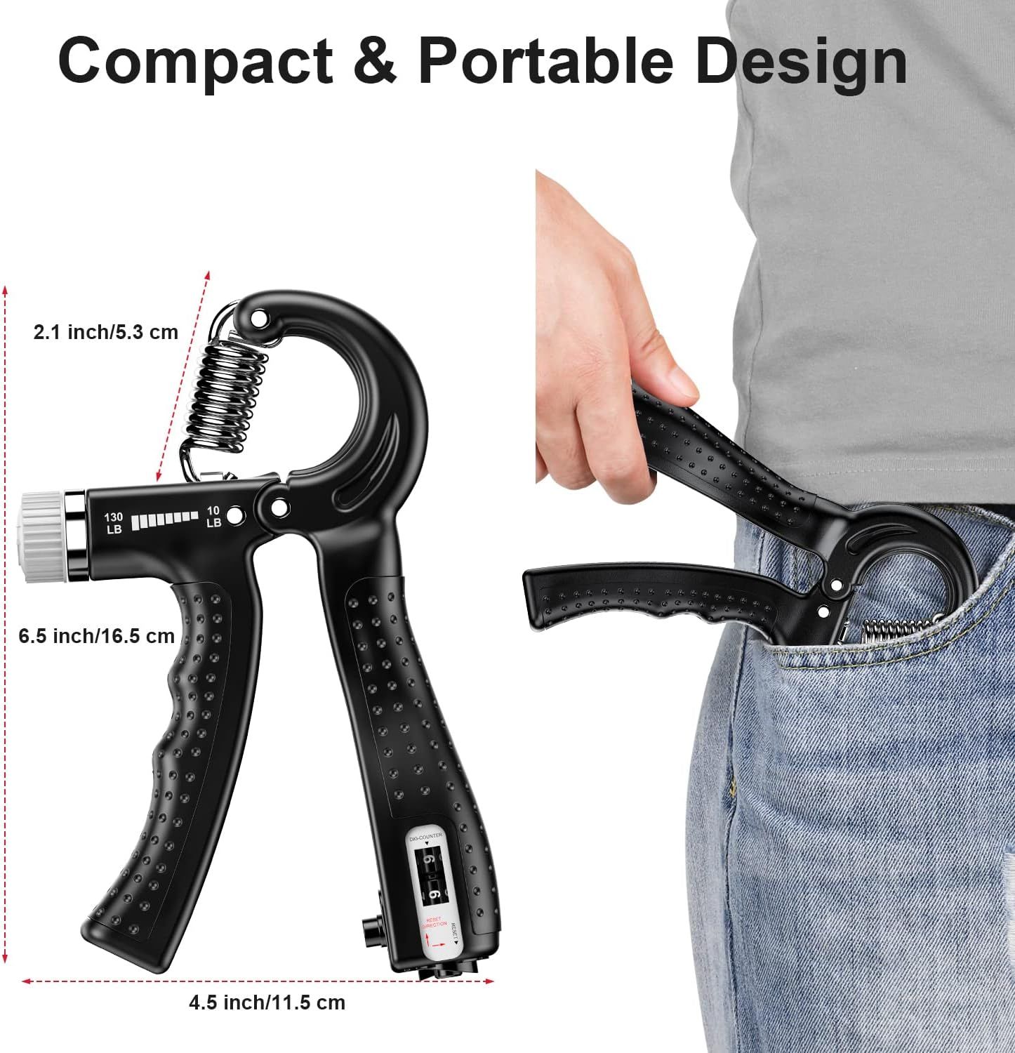 Communicates the exact physical dimensions of the hand gripper to show it is compact and portable, fitting easily in a pocket or bag for on-the-go use.…