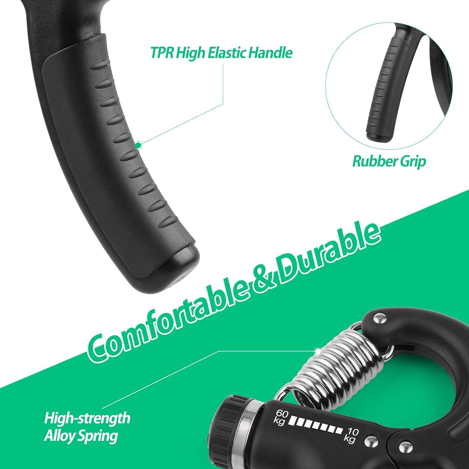 This image breaks down the physical components of the hand gripper, highlighting the TPR elastic handle, rubber grip, and alloy spring to show shoppers what…