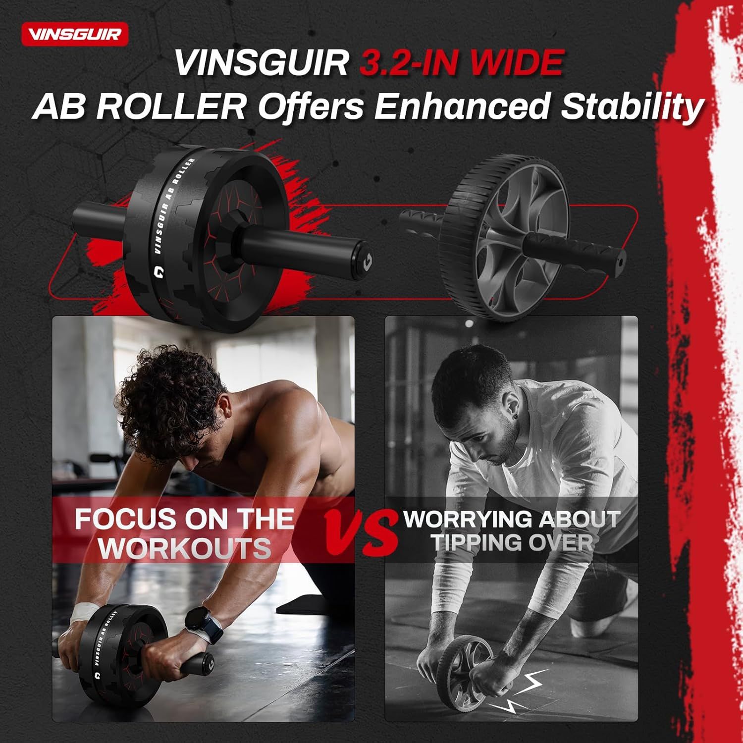 Demonstrates the superior stability of the VINSGUIR 3.2-inch wide AB roller compared to generic narrower rollers, showing users can focus on their workout…