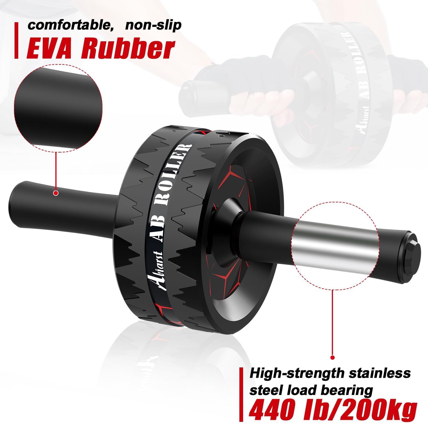 Breaks down the ab roller's key physical components—comfortable non-slip EVA rubber grips and high-strength stainless steel bearing—to reassure shoppers of…