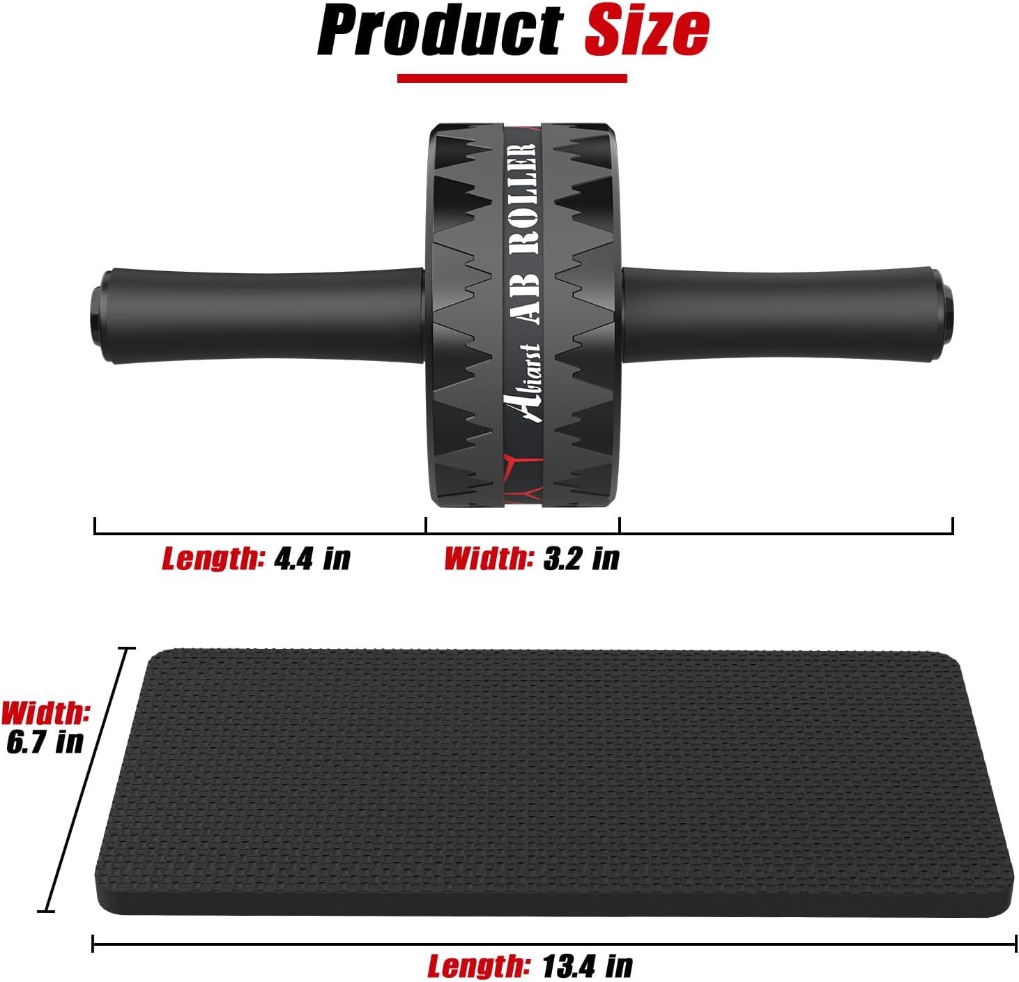 Communicates the exact physical dimensions of the ab roller and mat to help shoppers understand the product size and ensure it fits their space and needs.