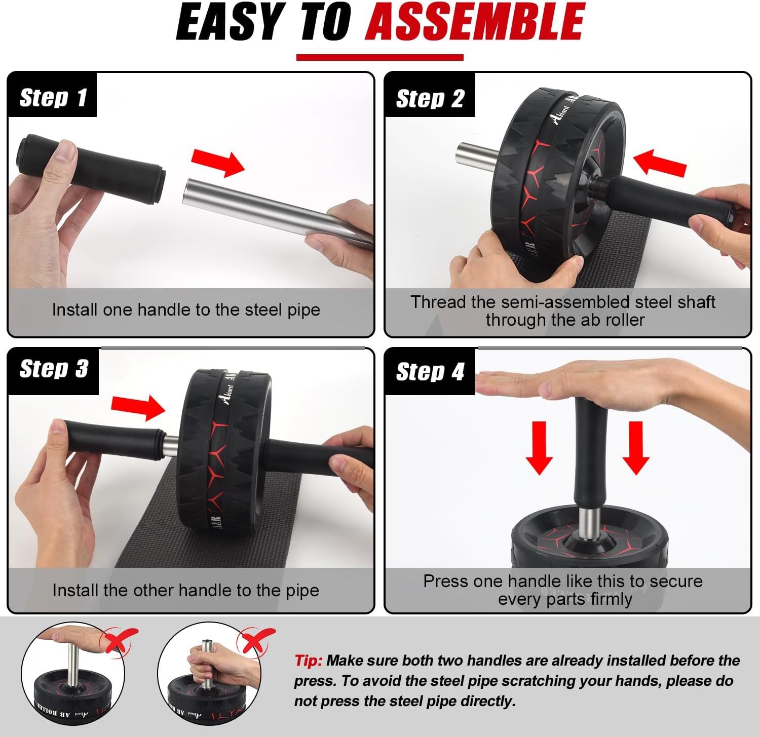Demonstrates the step-by-step assembly process for the ab roller, reassuring shoppers that the product is easy to put together with clear visual instructions.…