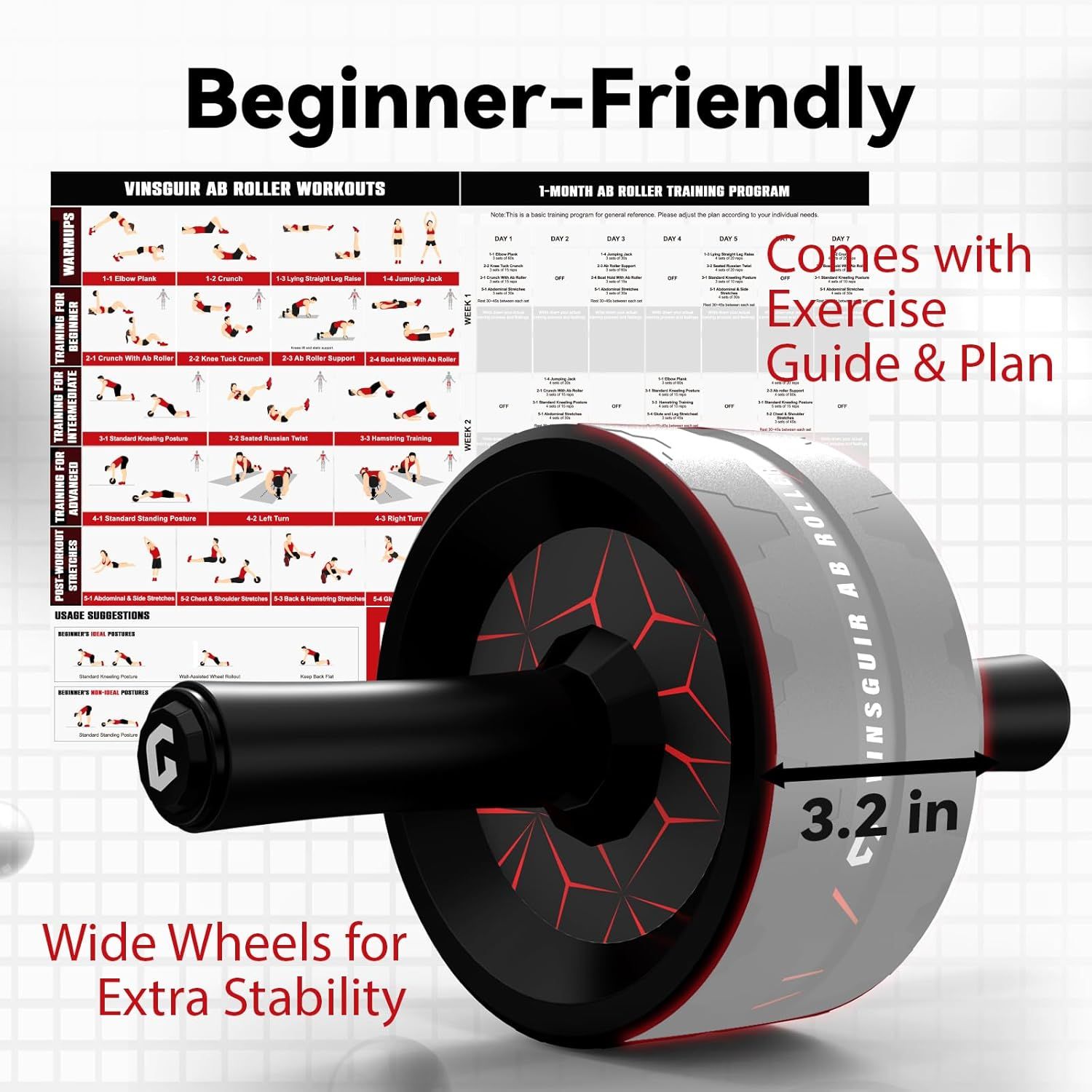 Communicates that this ab roller is designed for beginners and emphasizes the wide wheel design for stability, while also highlighting that it comes with a…