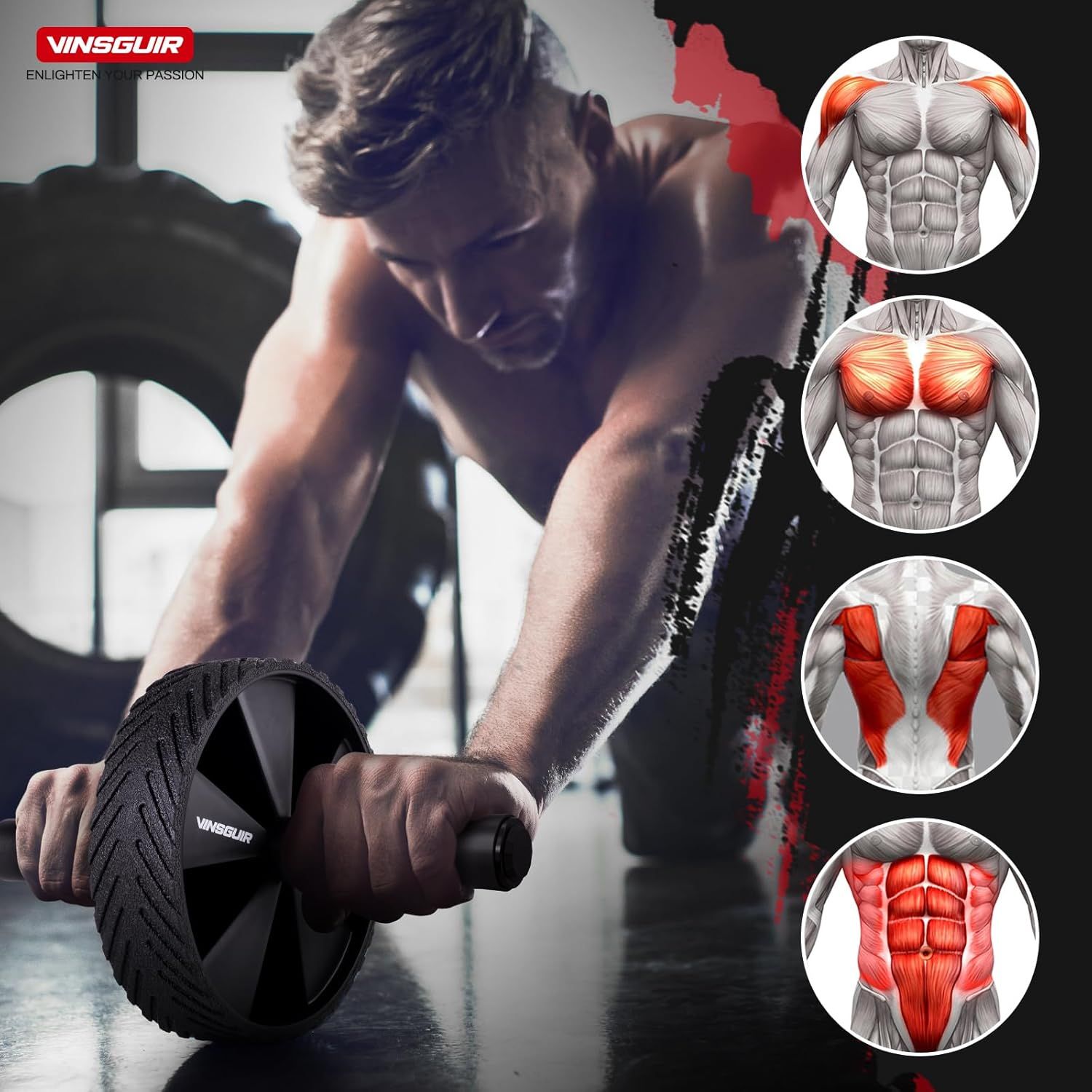 Demonstrates which specific muscle groups are engaged and worked when using the ab roller, helping shoppers understand the comprehensive fitness benefits and…
