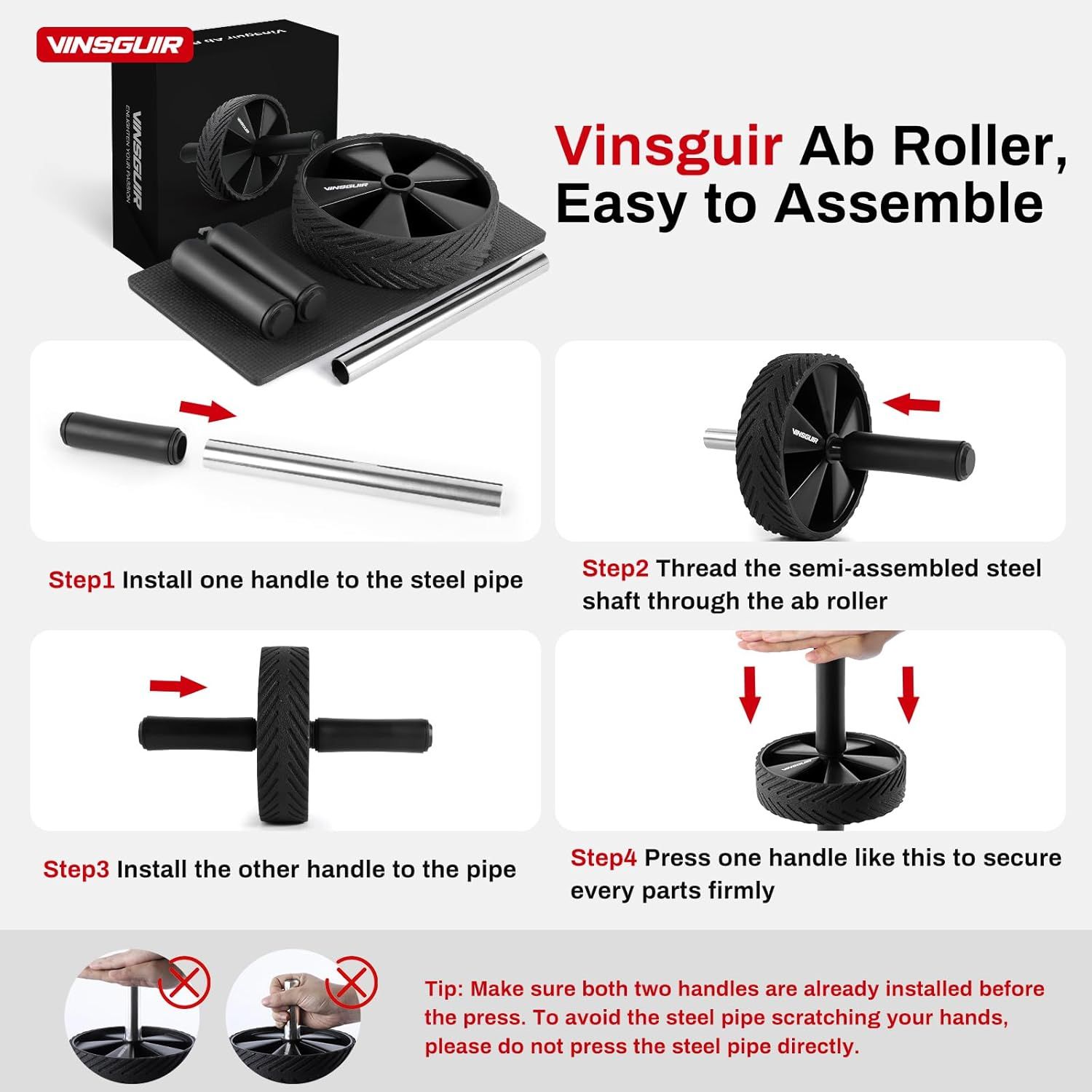 Demonstrates the simple 4-step assembly process for the ab roller to reassure shoppers that setup is quick and straightforward.