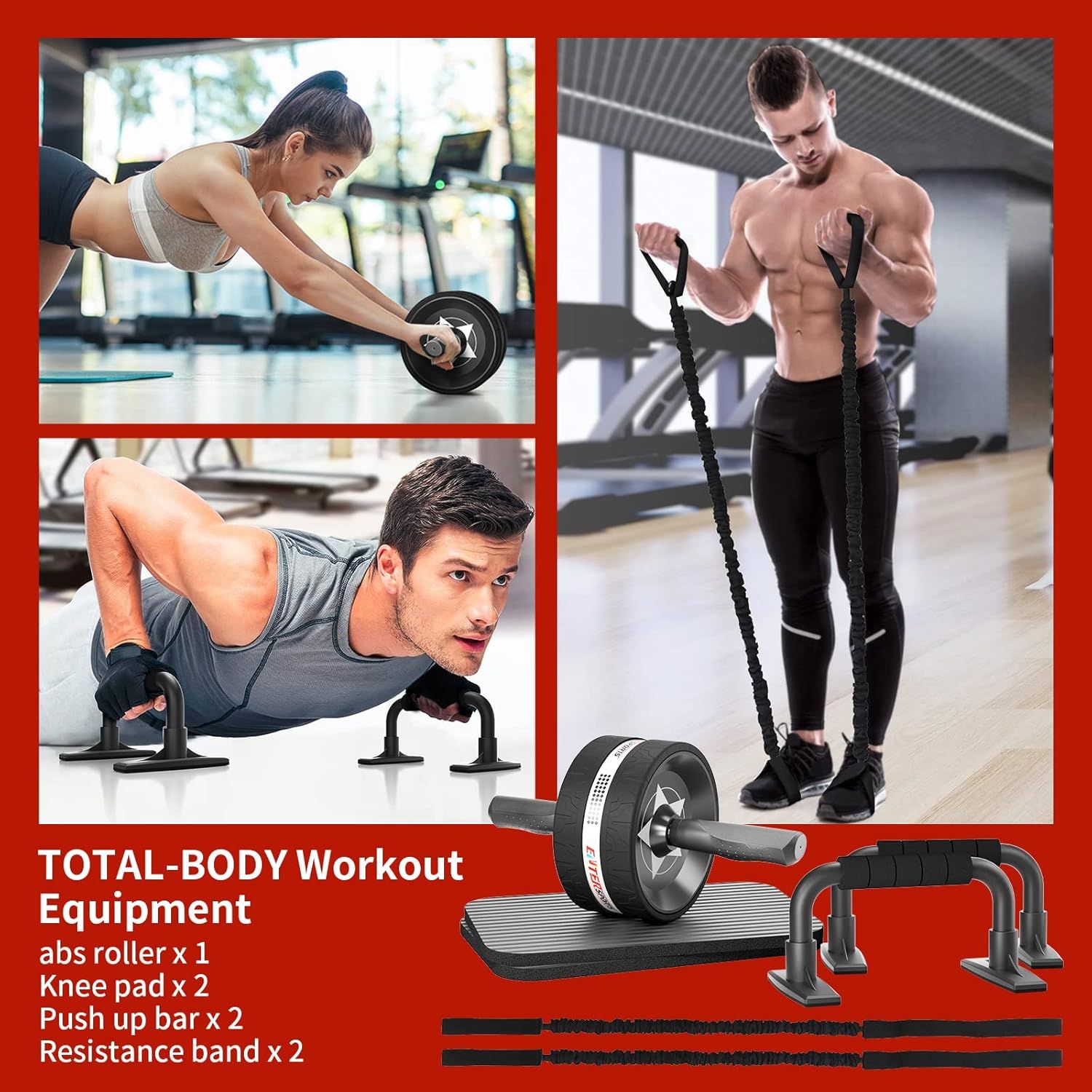 Shows the complete set of equipment included in the purchase: ab roller, knee pads, push-up bars, and resistance bands, demonstrating the comprehensive workout kit customers will receive.…