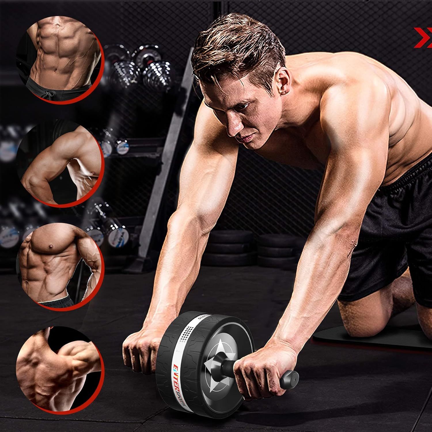 Demonstrates the versatility of the ab roller by showing multiple muscle groups it targets (abs, arms, chest, core) across different workout applications. Highlights specific body areas and muscle…