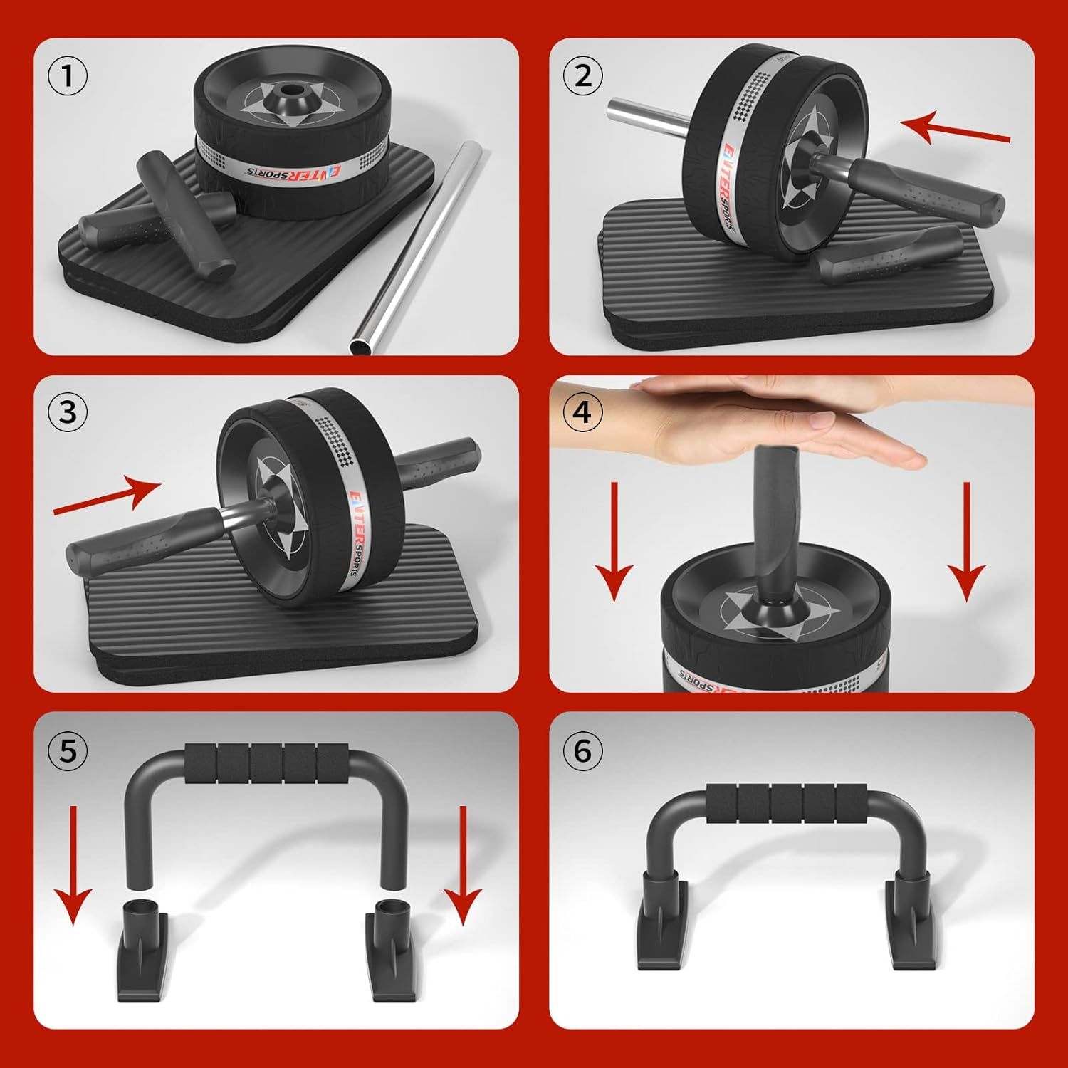 Demonstrates step-by-step how to assemble and configure the ab roller wheel equipment, showing multiple usage configurations to help shoppers understand the…