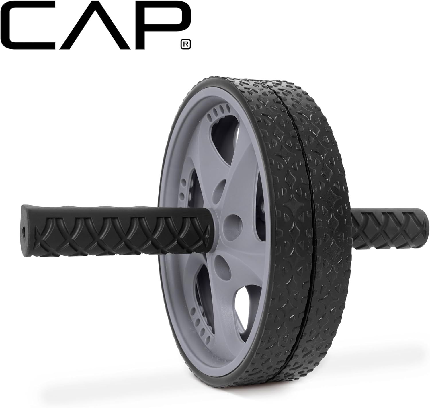 Provides a clean, catalog-style view of the ab wheel product showing its dual-wheel design, textured handles, and overall construction to help shoppers understand what they're purchasing.