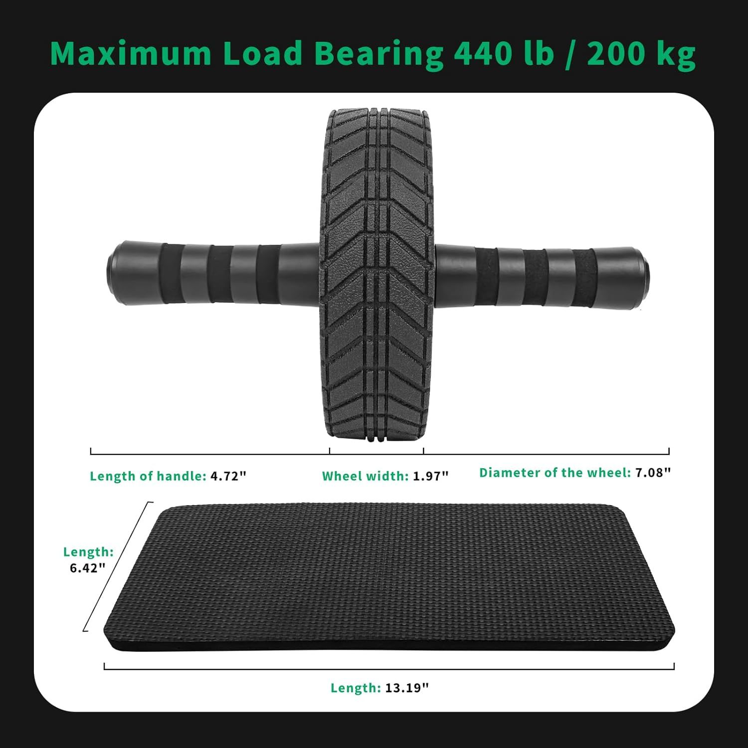 Communicates the exact physical dimensions of the ab roller wheel and mat, along with the maximum weight capacity, to help shoppers understand the product's…