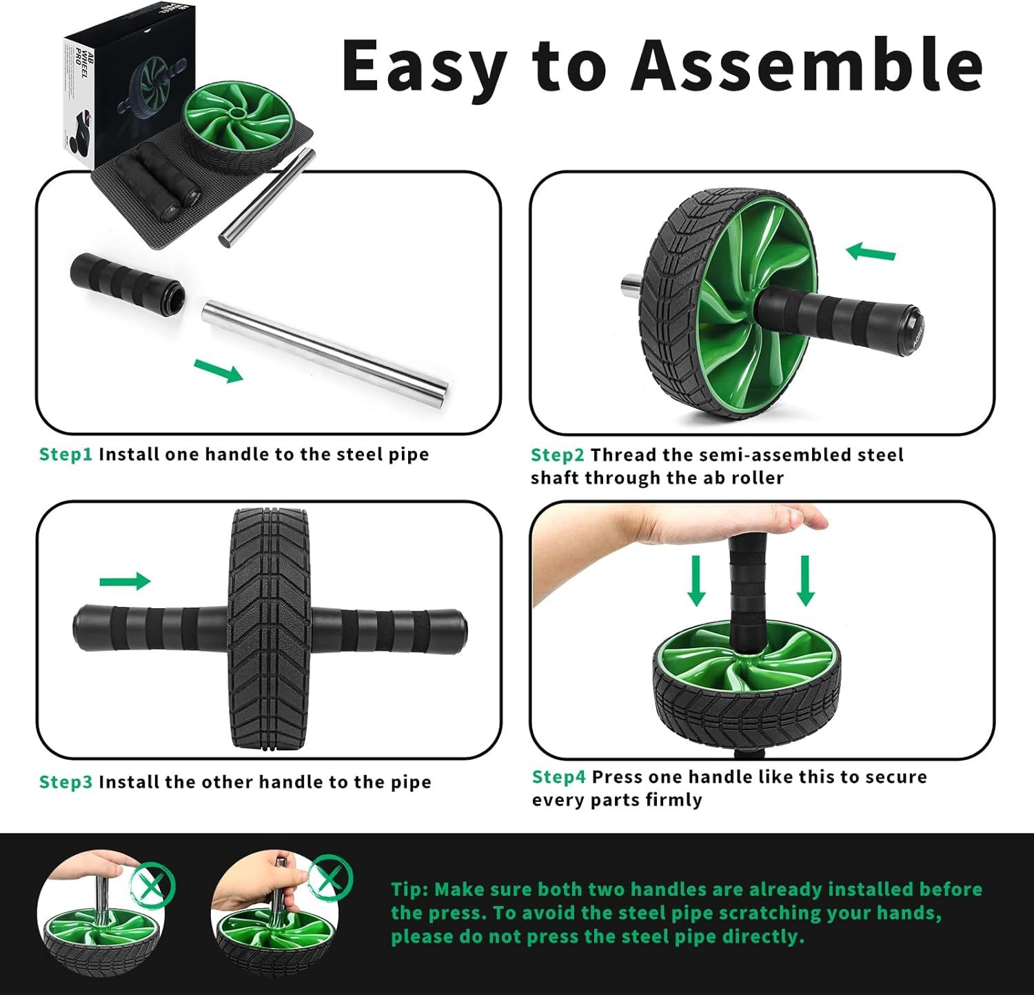 This image provides clear step-by-step assembly instructions for an ab roller, reassuring shoppers that the product is easy to put together and use.…