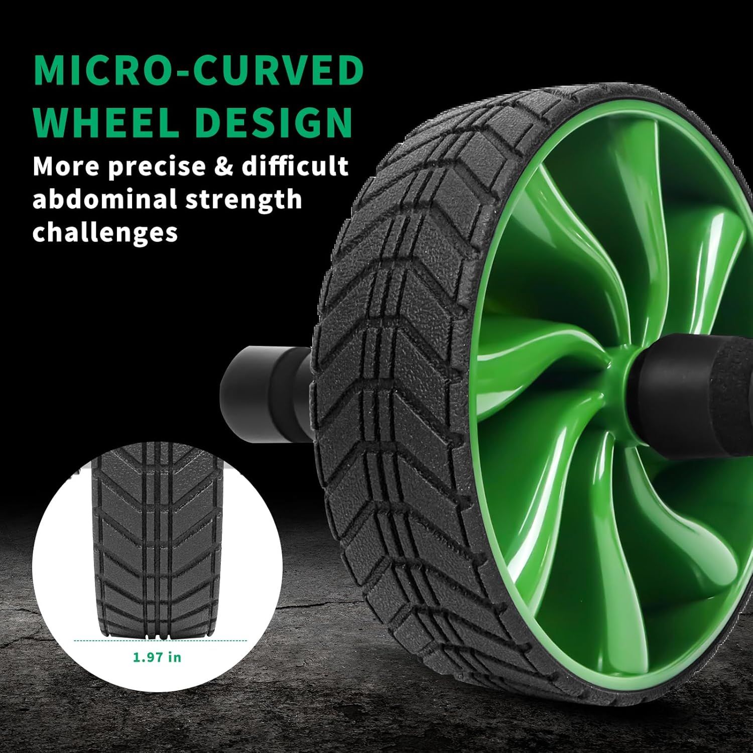 Highlights the unique micro-curved wheel design and tread pattern to communicate enhanced precision and difficulty for abdominal workouts. Communicates that…