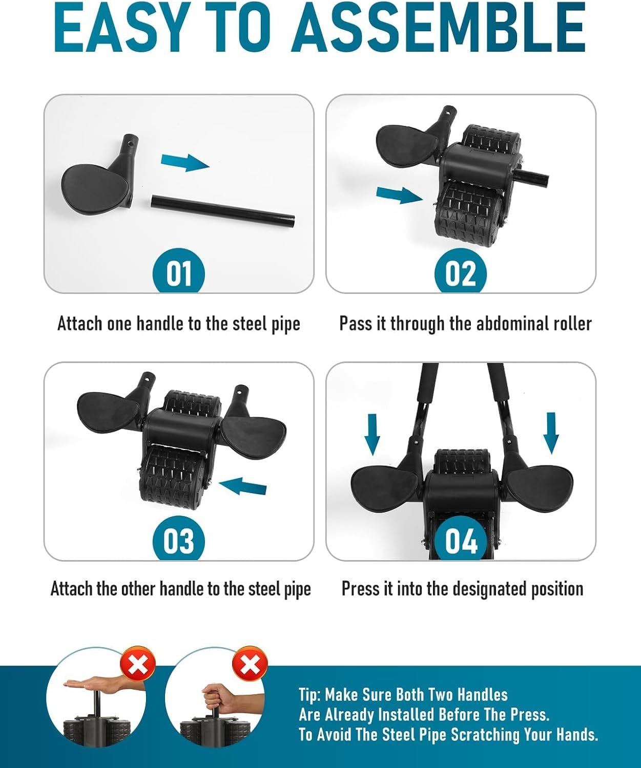 This image provides step-by-step assembly instructions for an abdominal roller, showing shoppers that the product is easy to put together with clear visual…