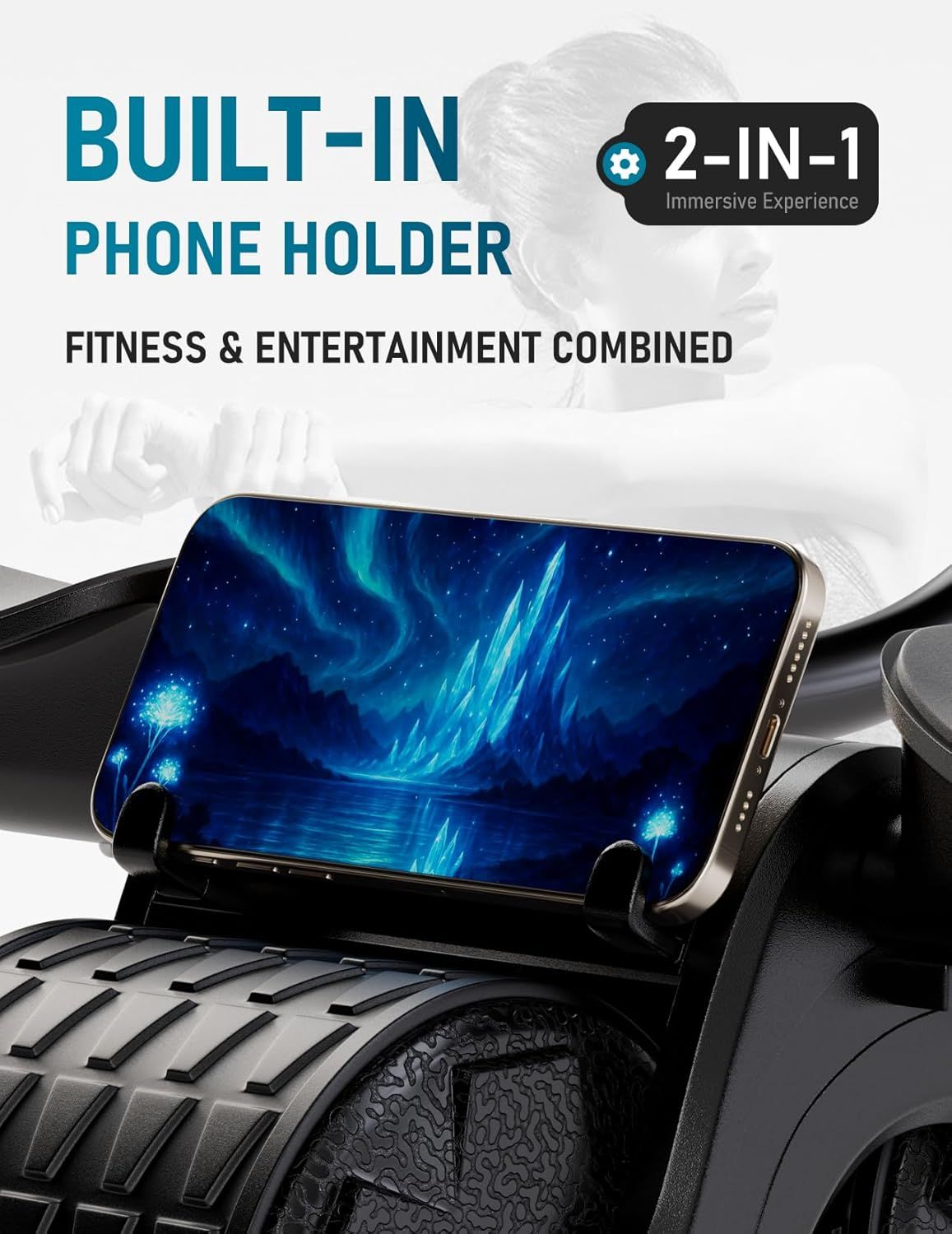Highlights the built-in phone holder feature that combines fitness and entertainment, allowing users to watch content hands-free during workouts for an…