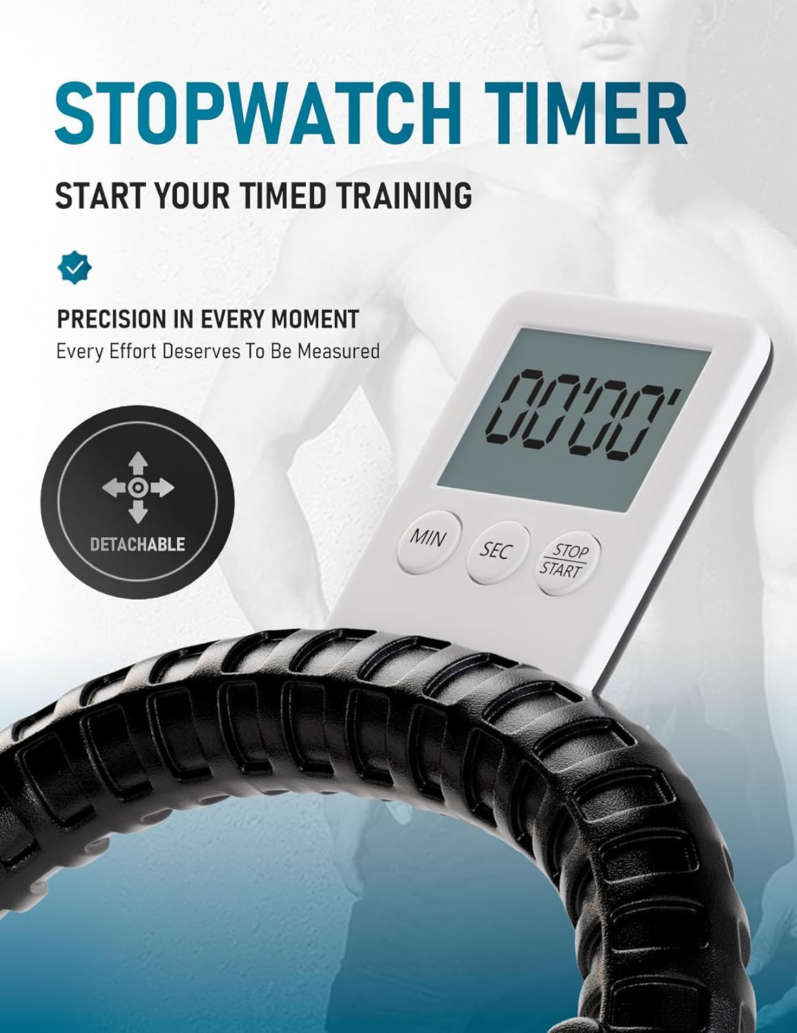 Highlights the stopwatch timer feature with precision timing capabilities and detachable design, communicating to shoppers that this jump rope accessory…