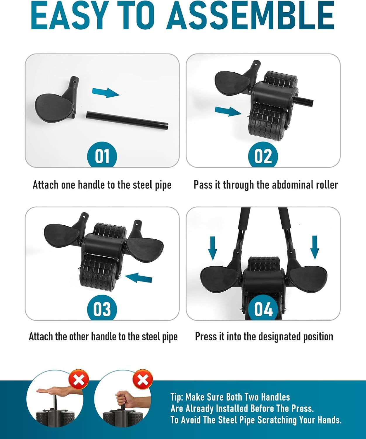 Demonstrates the step-by-step assembly process for the abdominal roller to reassure shoppers that setup is simple and straightforward. Highlights the…