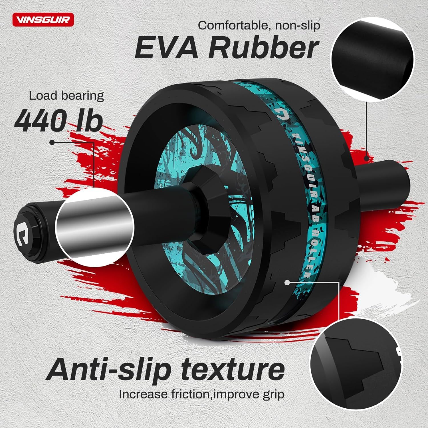 Breaks down the ab roller's key physical components and material features, highlighting the EVA rubber construction, anti-slip textured surface, and 440 lb…